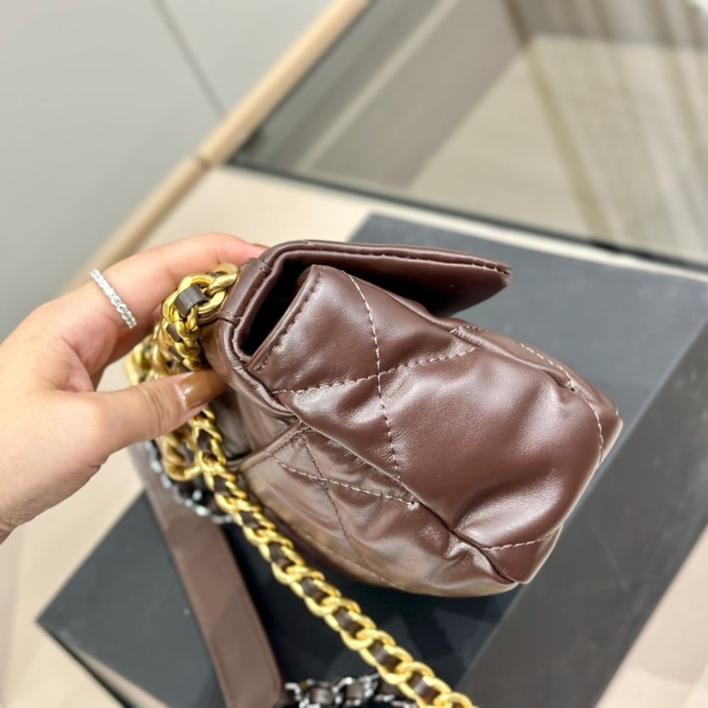 Chanel 19 Flap Bag Shiny Gold And Silver Tone Brown 20Cm