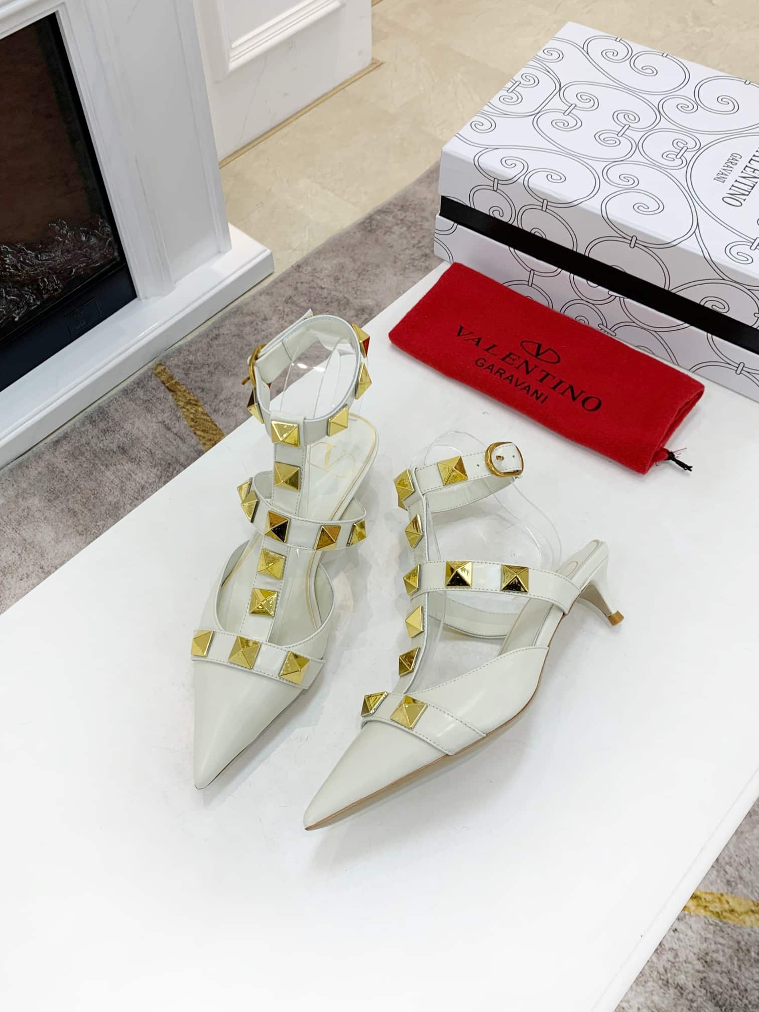 Valentino Garavani Roman Stud Kitten Heel Pumps White
