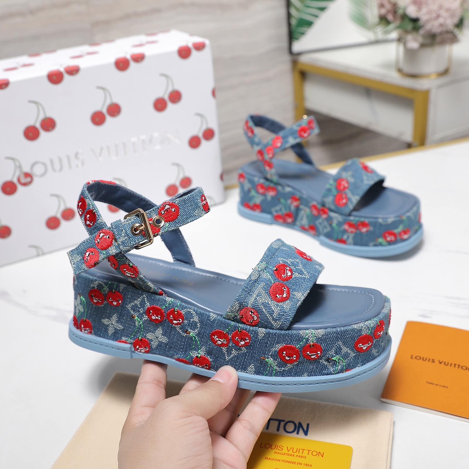 Louis Vuitton X Takashi Maya Platform Sandal Monogram Cherry Denim 1Ahnyd