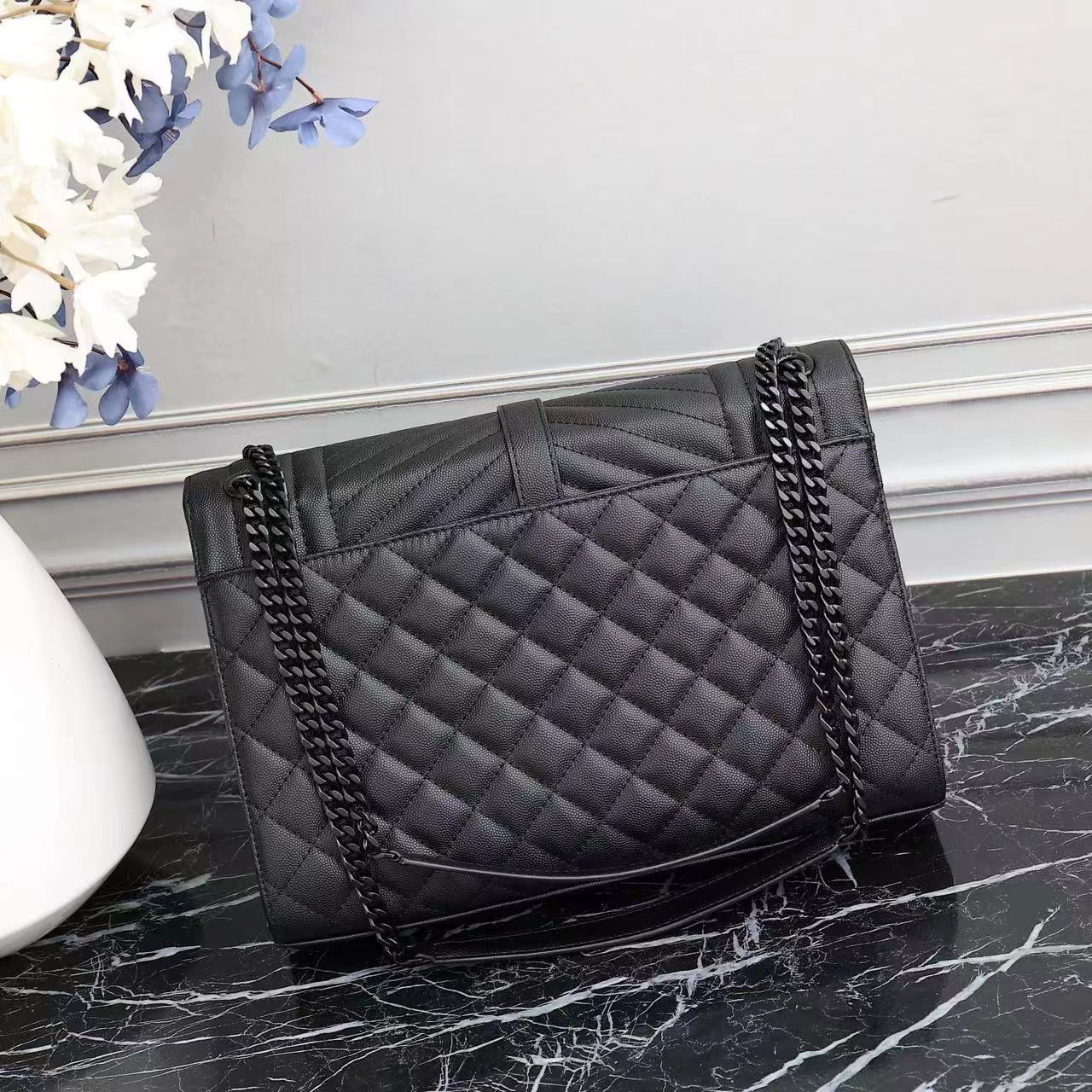 Saint Laurent Envelope Large Bag In Mix Matelasse Grain De Poudre Embossed Leather Black 31Cm