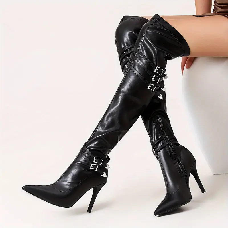 Black Buckle Strap High-Heeled Knee High Boots