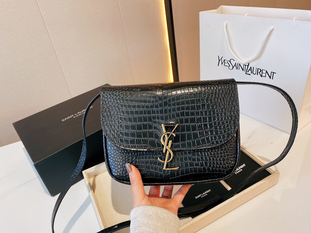 Saint Laurent Kaia Medidum Embossed Leather Black Gold Bag 23Cm