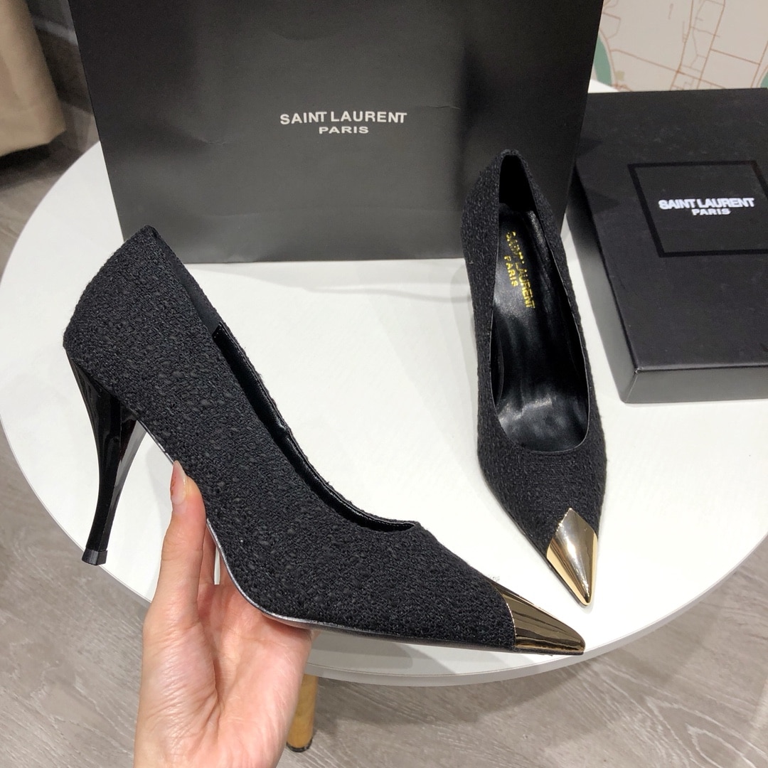 Saint Laurent Vesper Leather Trimmed Bouclé Pumps Black
