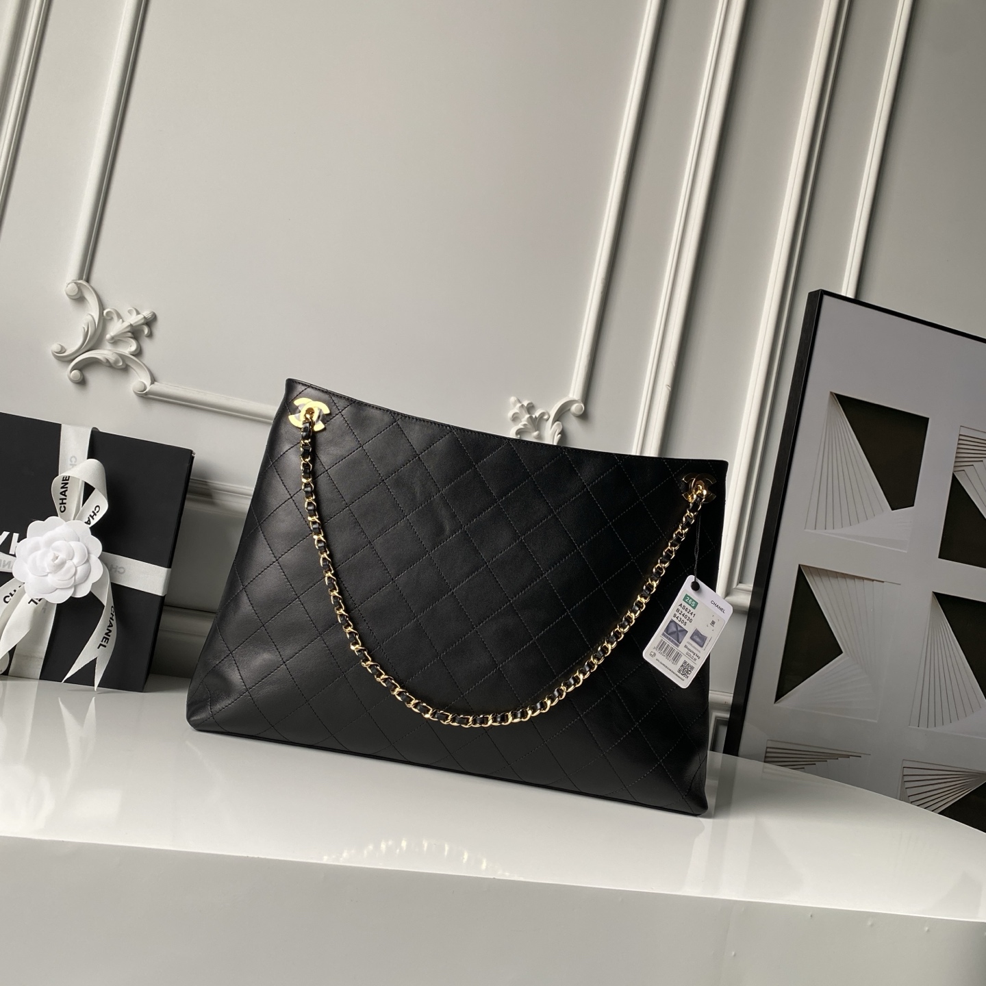 23S Large Shopping Tote Bag (AS2421) in Black Quilted Smooth Lambskin with Light Gold-Tone Hardware