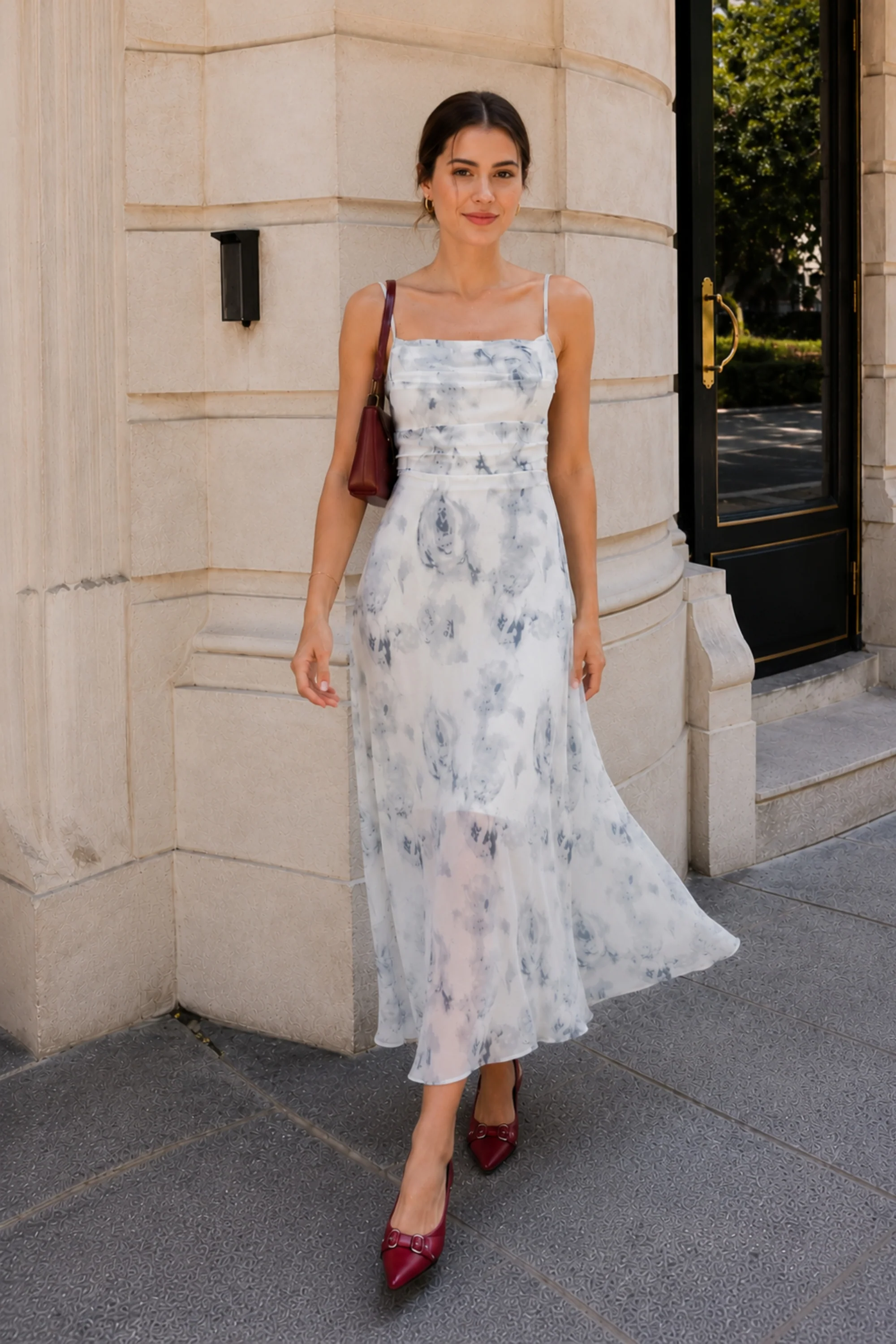 White Floral Strappy Midi Dress