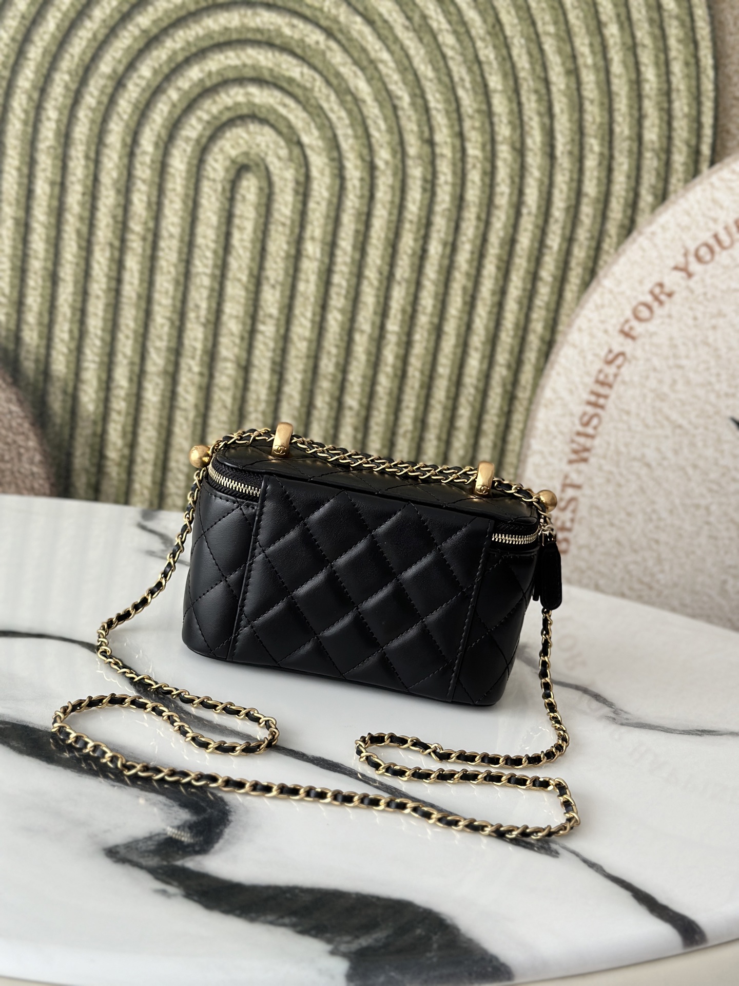 Mini Rectangular Vanity Case with Chain in Black Quilted Lambskin with Gold-Tone Hardware