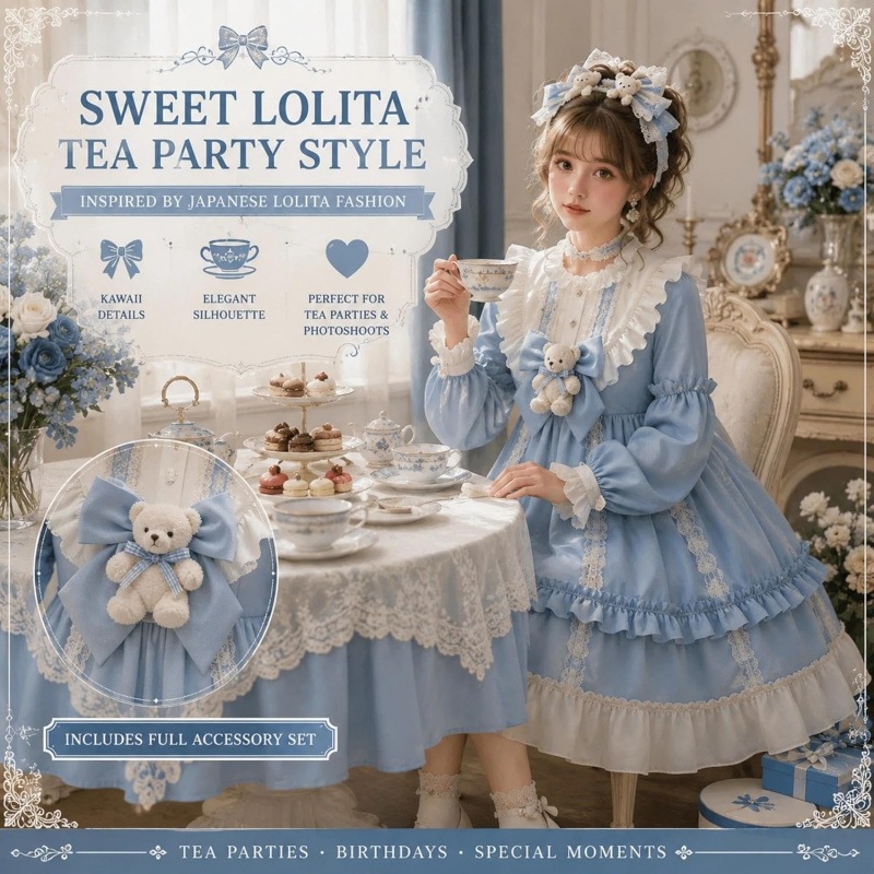Teens Lolita Princess Dress Kawaii Long Sleeve Chiffon Skirt Petite Dress