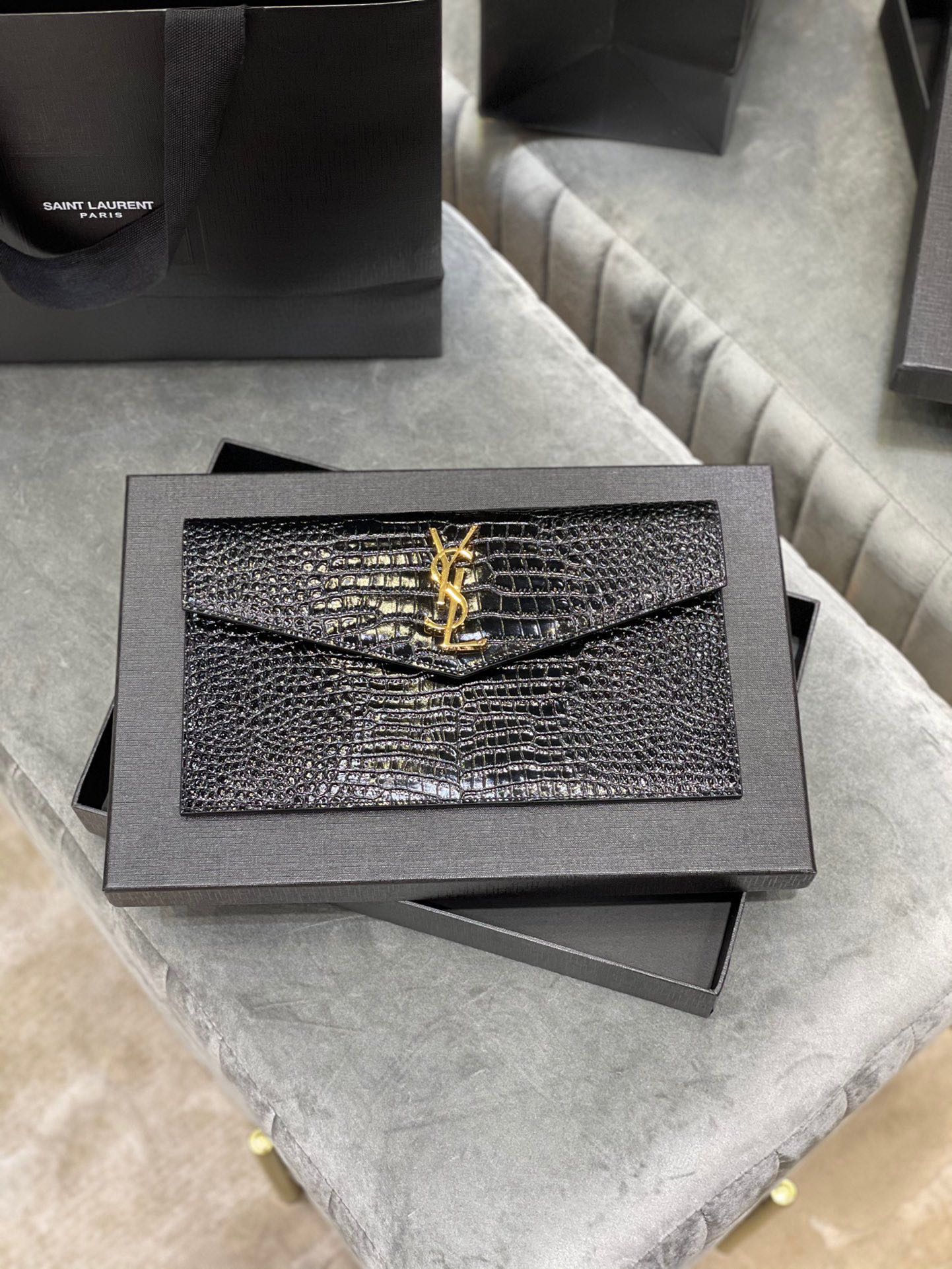 Saint Laurent Uptown Pouch In Crocodile Embossed Shiny Leather
