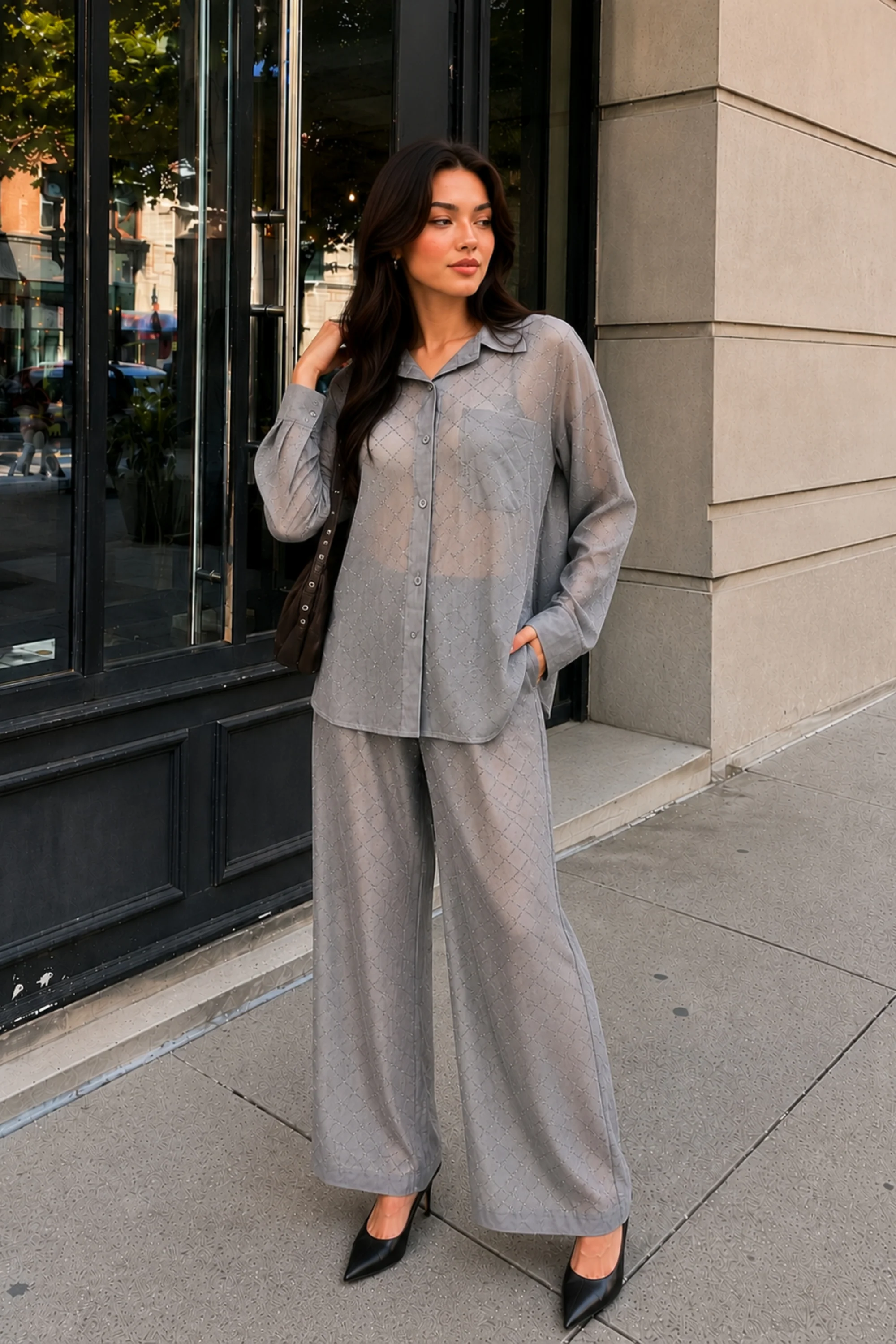 Steel Grey Rhinestone Pant Co-ord set