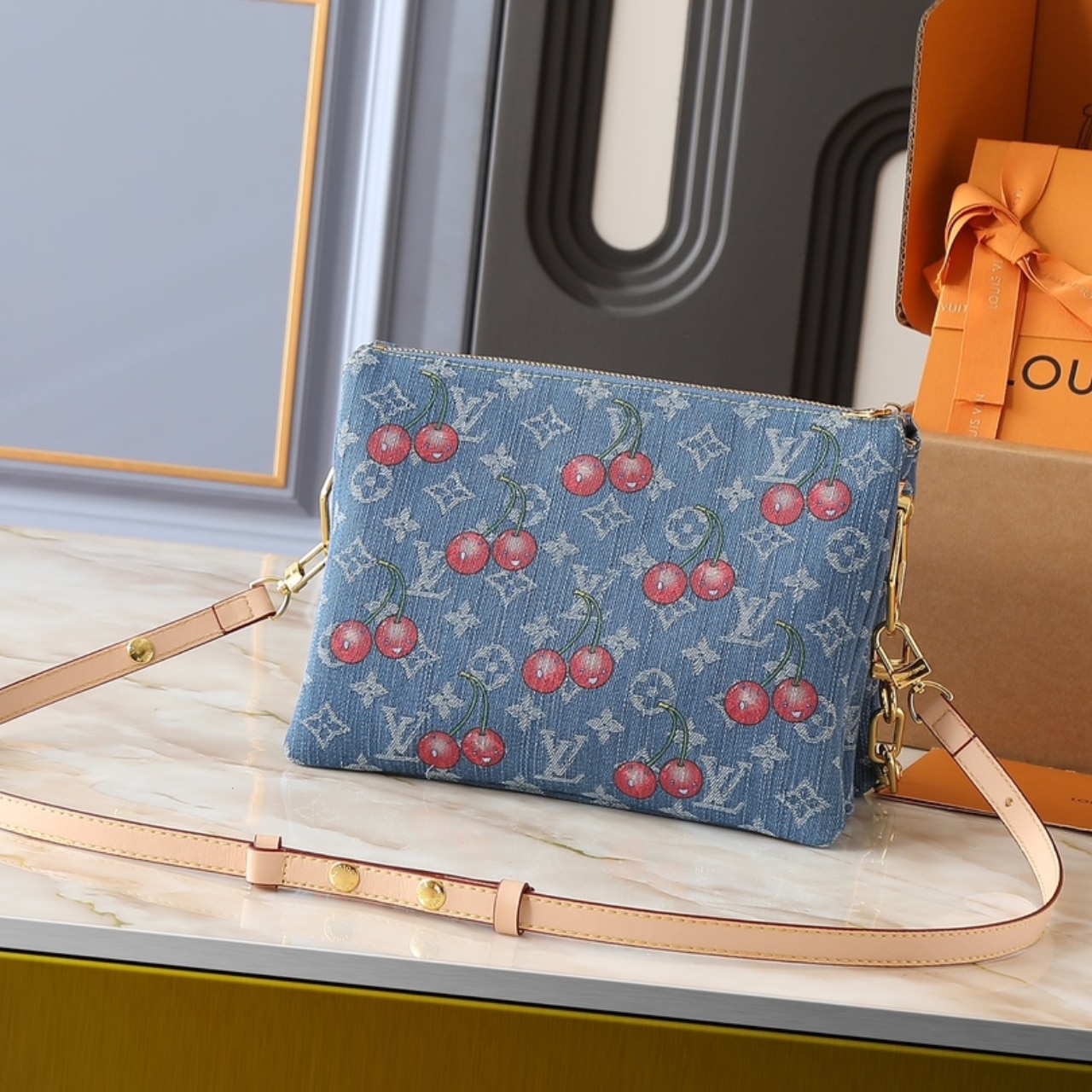 Louis Vuitton X Takashi Murakami PM Coussin Bag Denim Monogram Cherry Blue 26Cm M14978