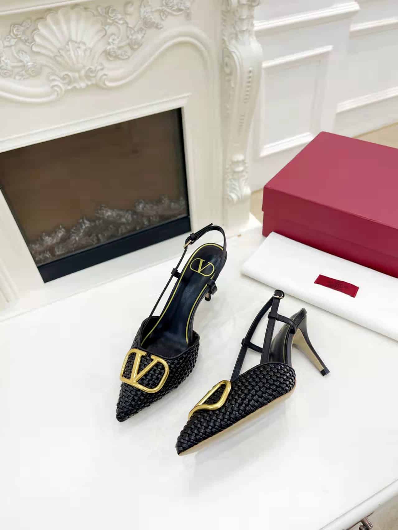 Valentino Garavani Vlogo Woven Leather Slingback Pumps Black