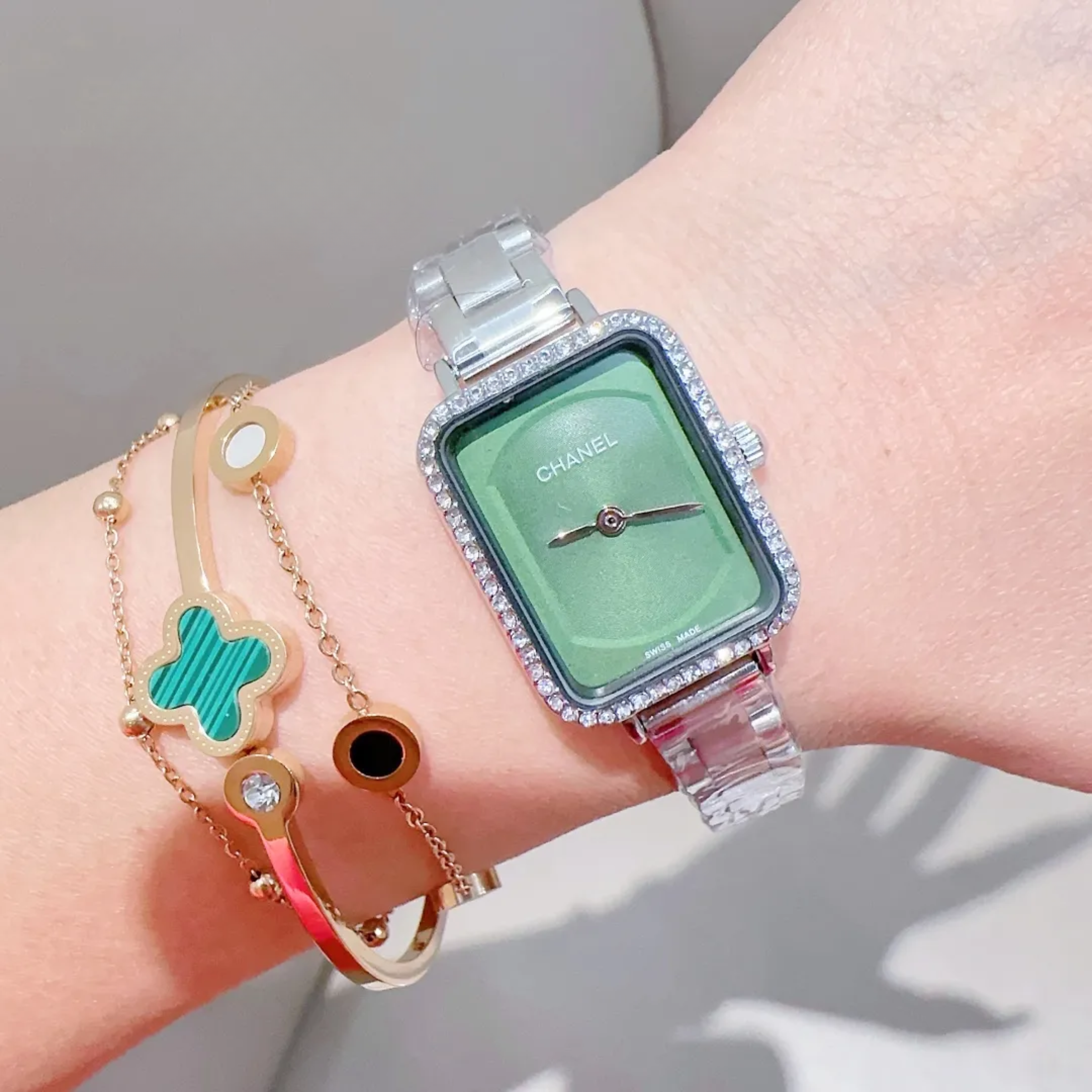 Chanel Steel Diamond Watch Green Dial