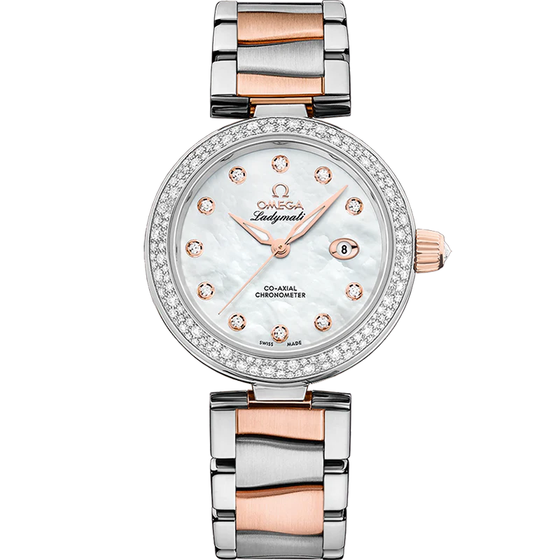Omega De Ville Ladymatic 34mm White Dial with Diamonds Stainless Steel Sedna™ 18k Rose Gold Bracelet 425.25.34.20.55.004
