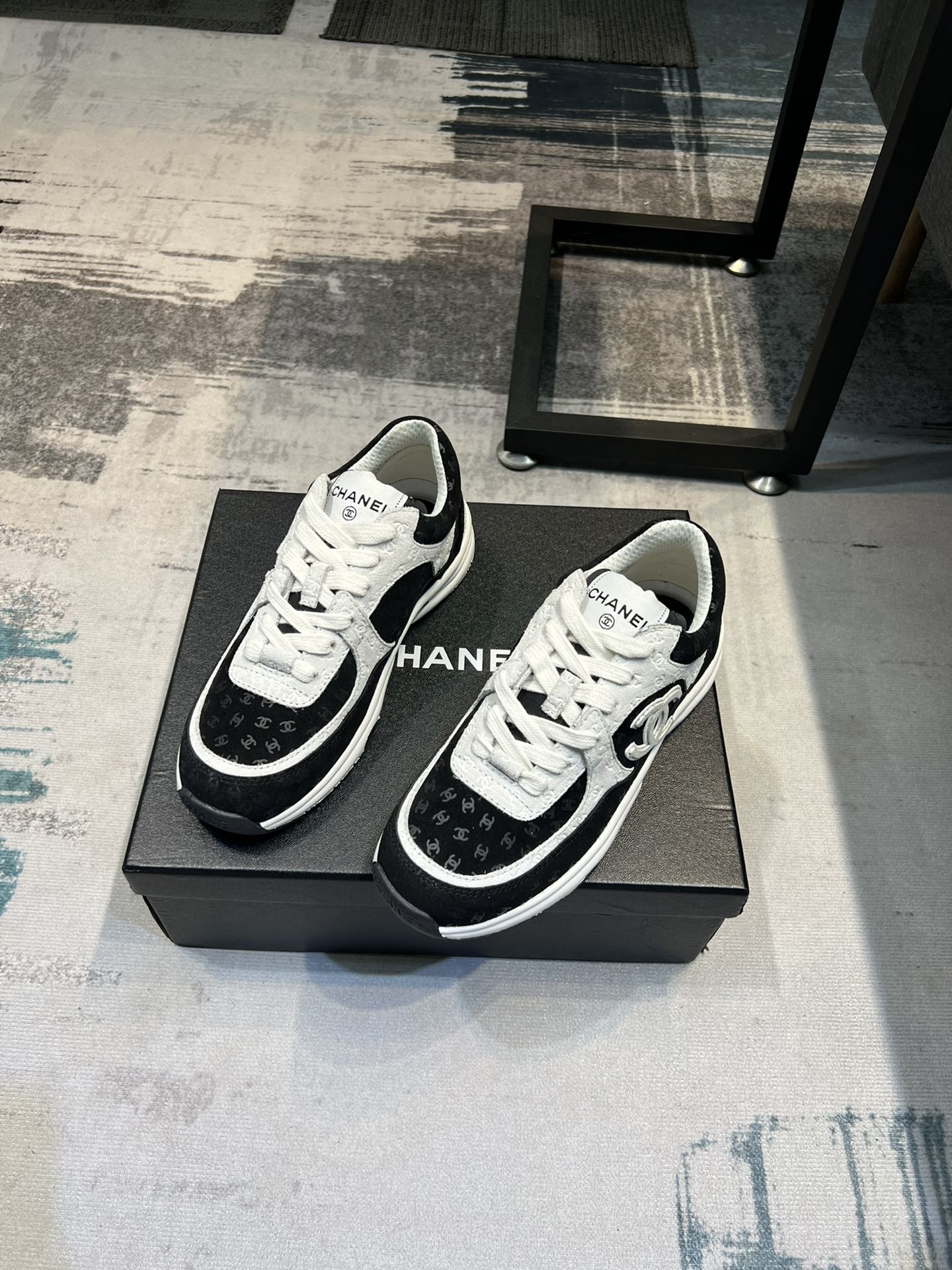 Chanel Cc Embossed Logo Suede Black White