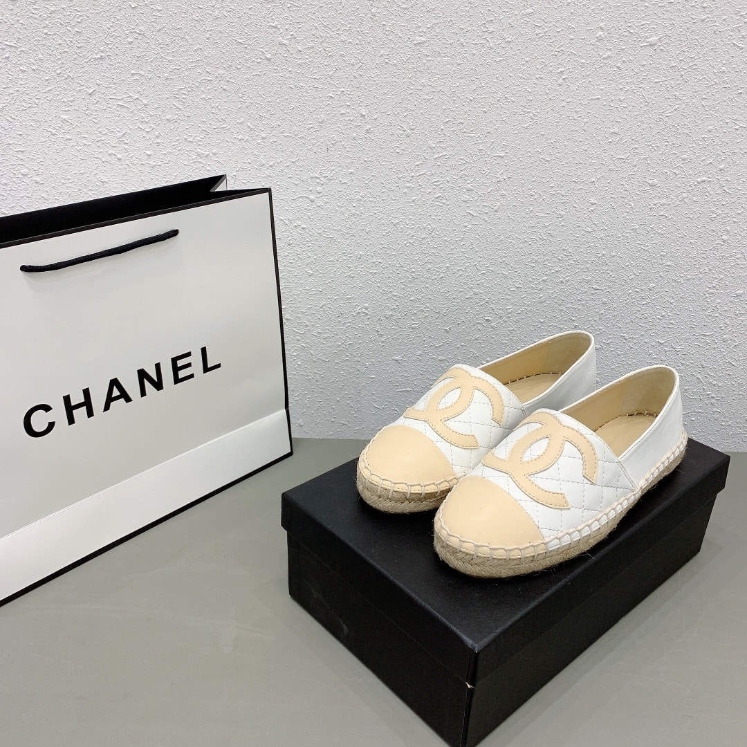 Chanel Cc Espadrilles Slip On White Beige