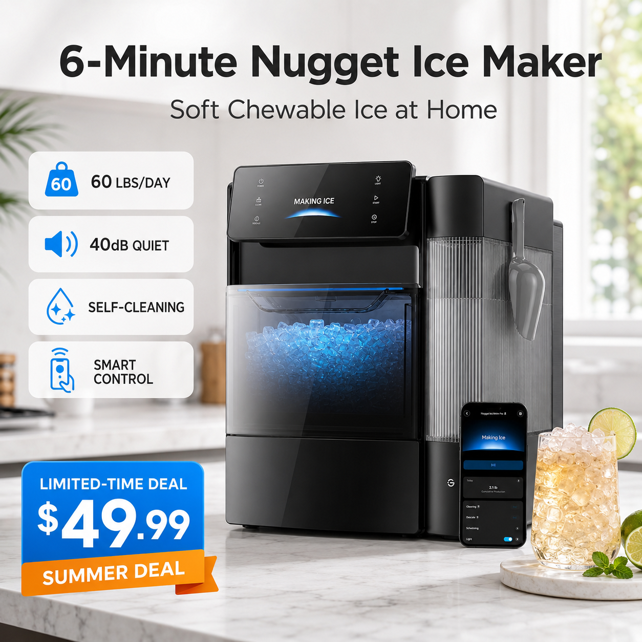 🔥Summer Deal🔥 Nugget Ice Maker – Soft Chewable Ice in 6 Minutes