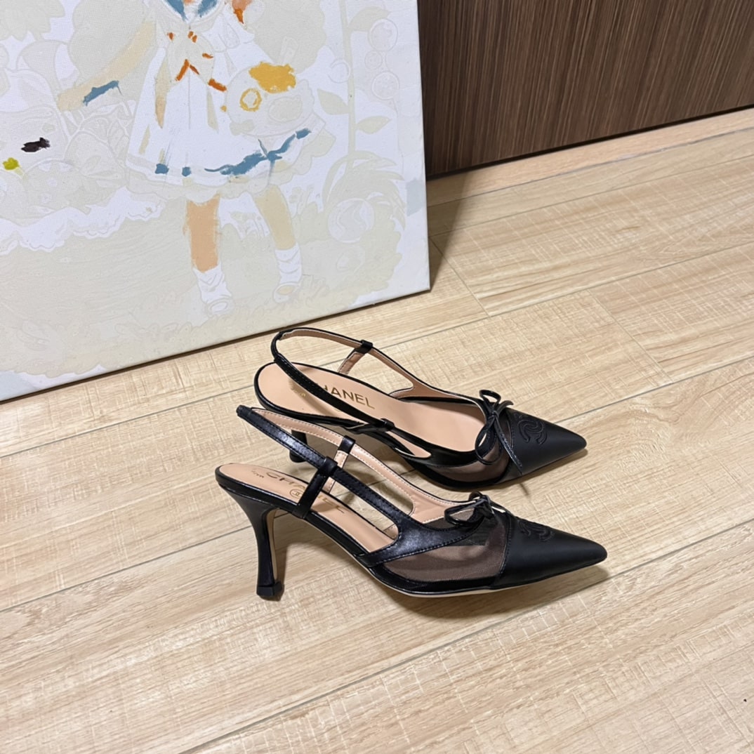 Chanel Cc Leather Pointy Toe Pumps Slingbacks Sandals Black
