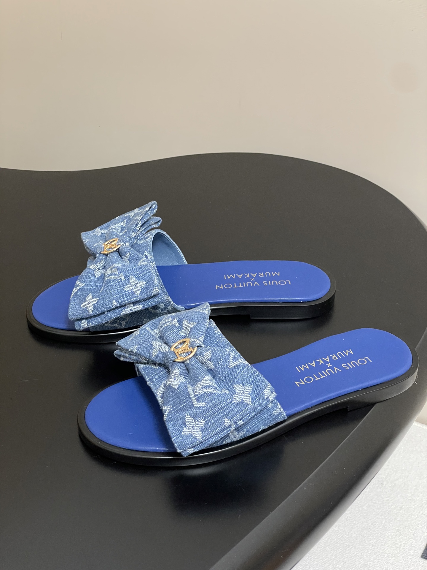 Louis Vuitton x Takashi Murakami Lily Flat Mule Bow Slide Sandals Blue Canvas 1AGVYA