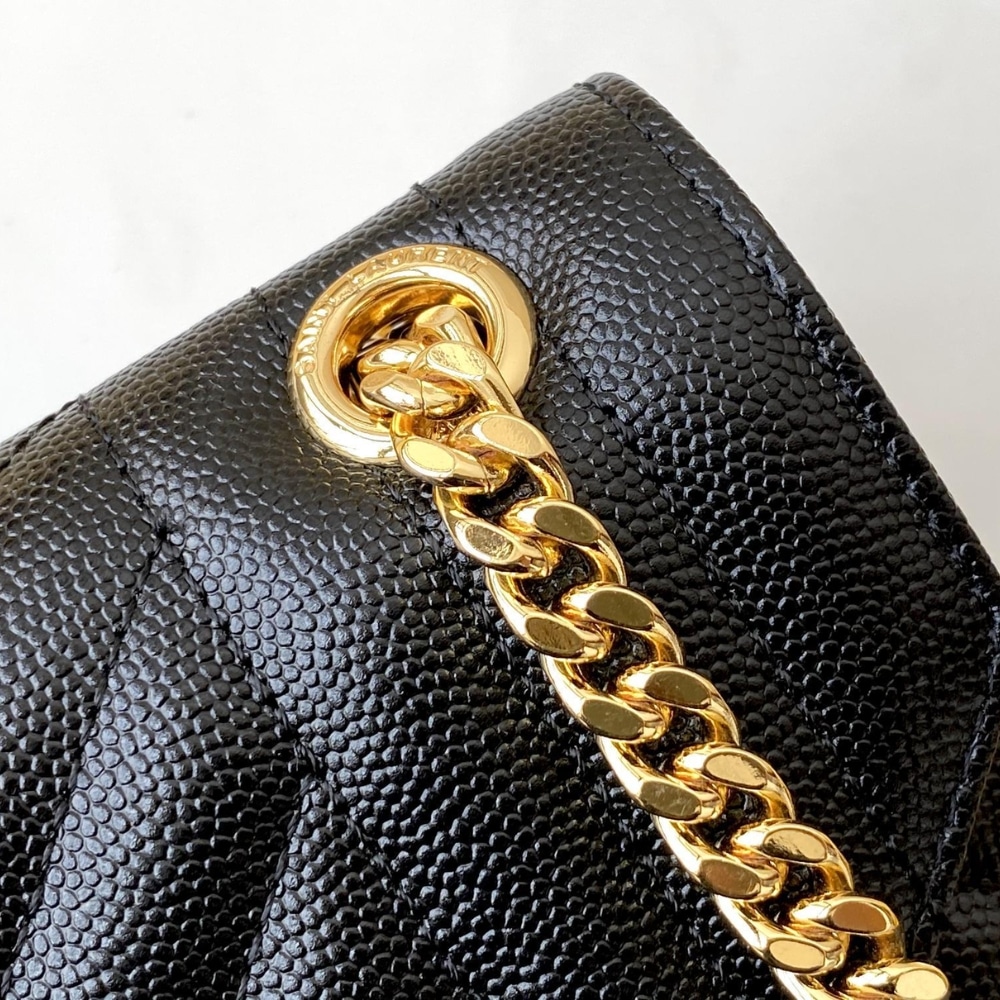 Saint Laurent Envelope Medium In Quilted Grain De Poudre Embossed Leather Black Gold 24Cm 600185Bow911000