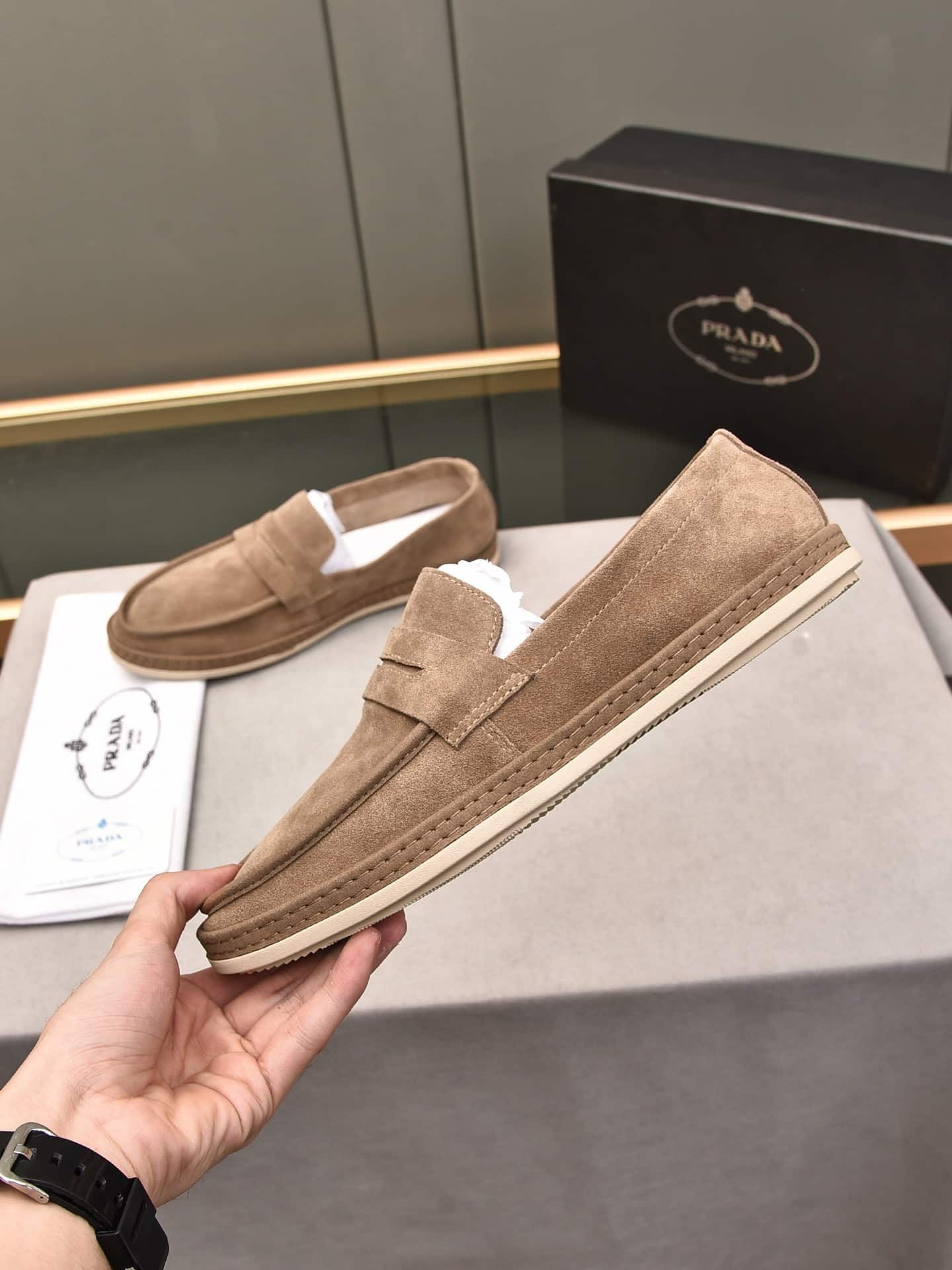 Prada Men’S Flat Loafers Suede Leather Brown