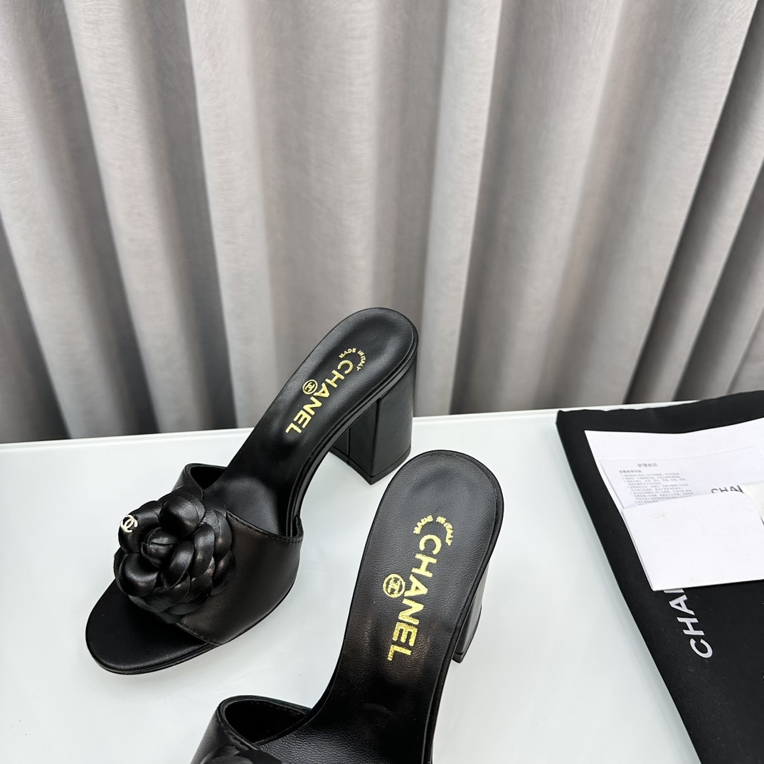 Chanel Camellia Medium Heel Slippers Black