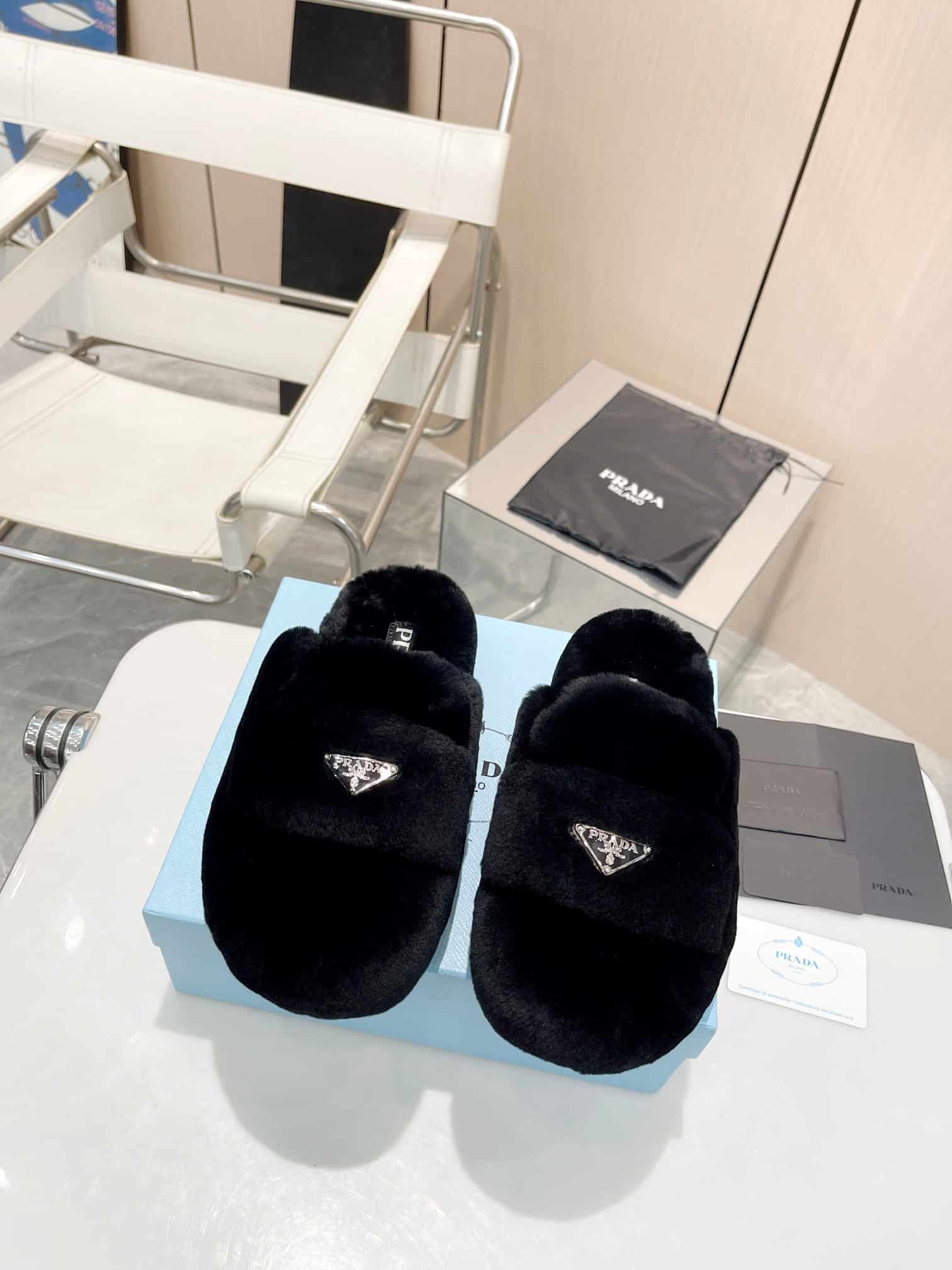 Prada Shearling Sabots Black