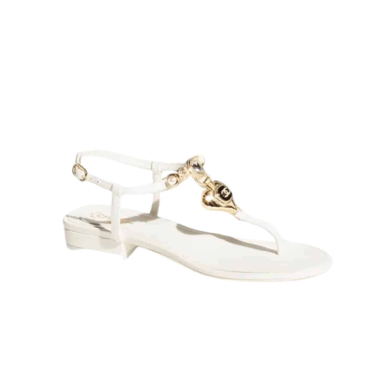 Chanel Shiny Pearl Crystal Cc Heart Thong Sandals White G39674 X01000 0S082