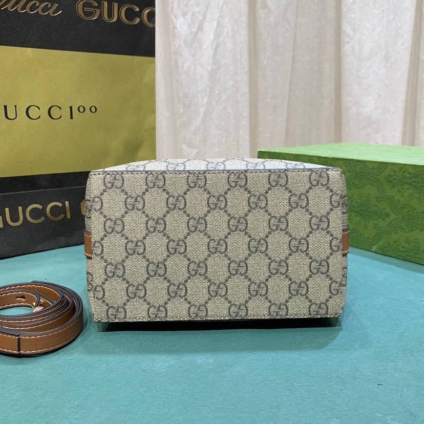Gucci GG Emblem Mini Bucket Bag Beige And Dark Brown 19Cm ‎815118 FAD6L 9758