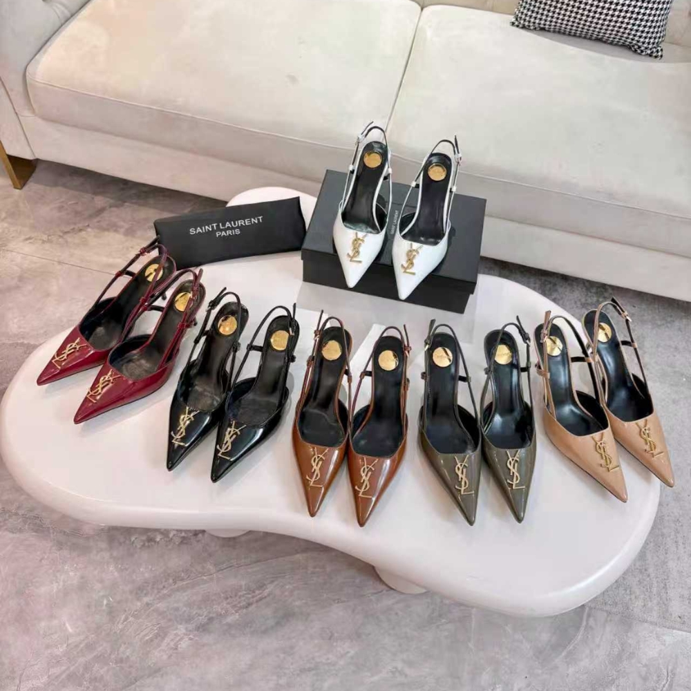 Saint Laurent Pointed Toe Slingback Pumps With Gold Tone Metal White