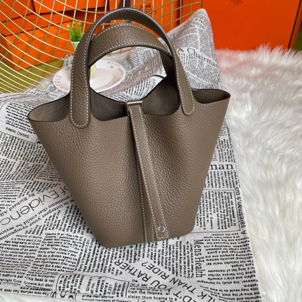 Hermes Picotin Lock Bag In Taurillon Clemence Etoupe Grey 22Cm