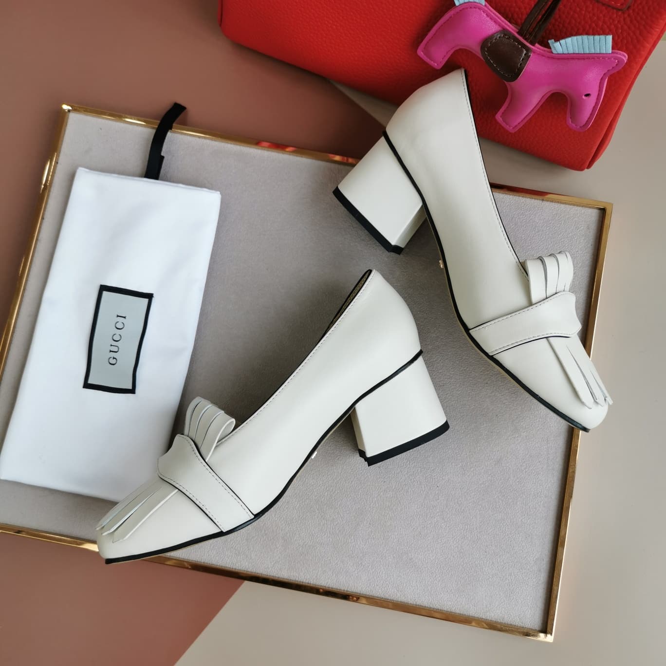 Gucci Wmns White Leather Mid-Heel Pump