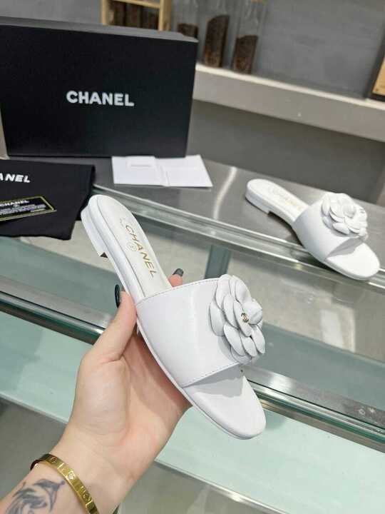 Chanel Camellia Slides White