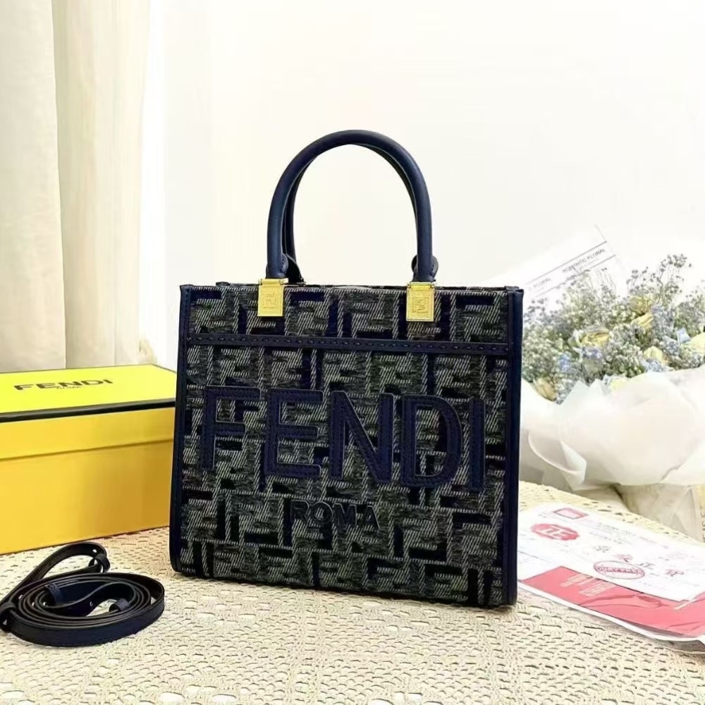 Fendi Sunshine Small Ff Chenille Shopper Dark Blue 26Cm