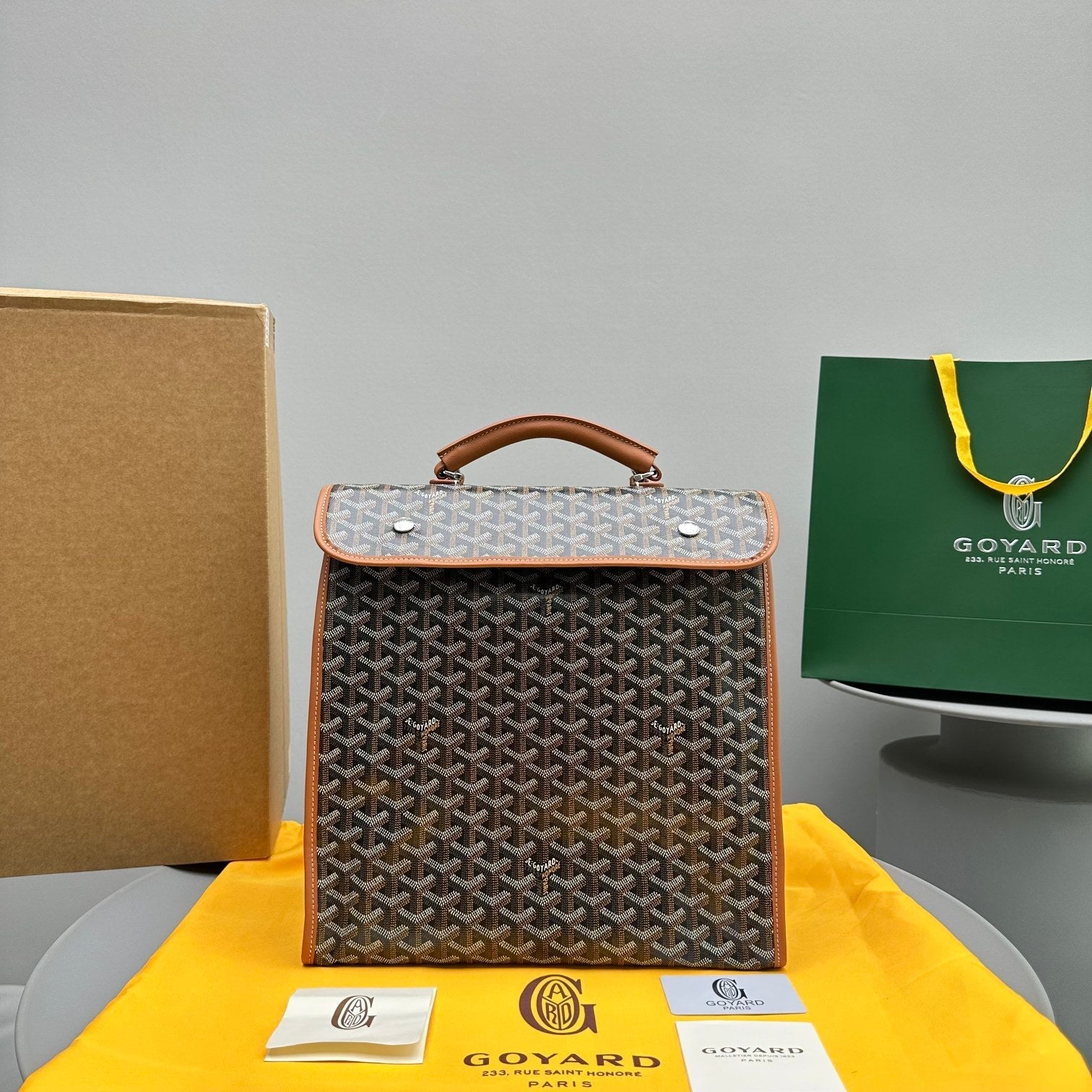 Goyard Leger Backpack 37 Cm Black Goyardine Canvas With Tan Calfskin Trim