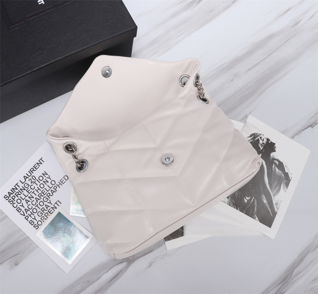 Saint Laurent Puffer Small In White Leather Silver Hardware 29cm