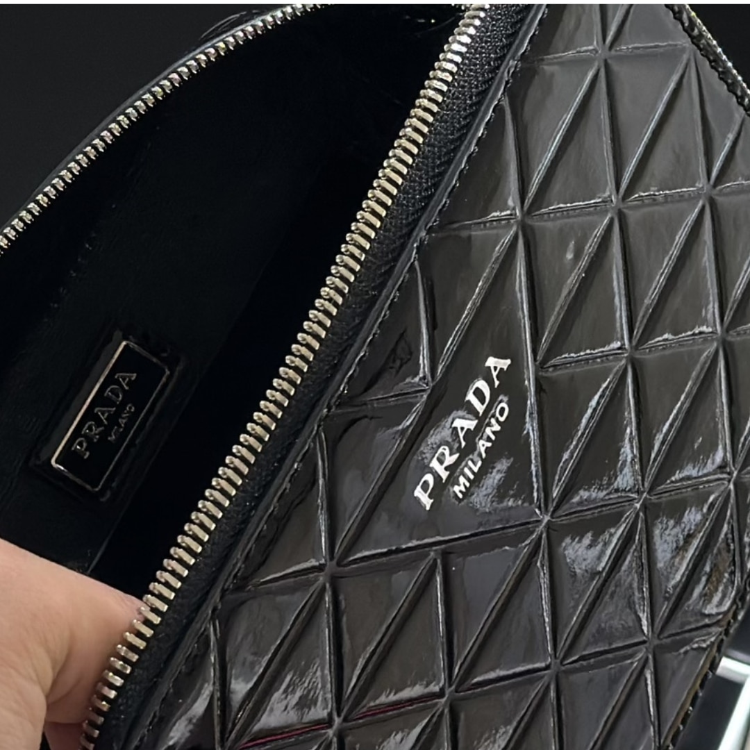 Prada Brique Brushed Leather Bag With Triangle Motif Black 18Cm