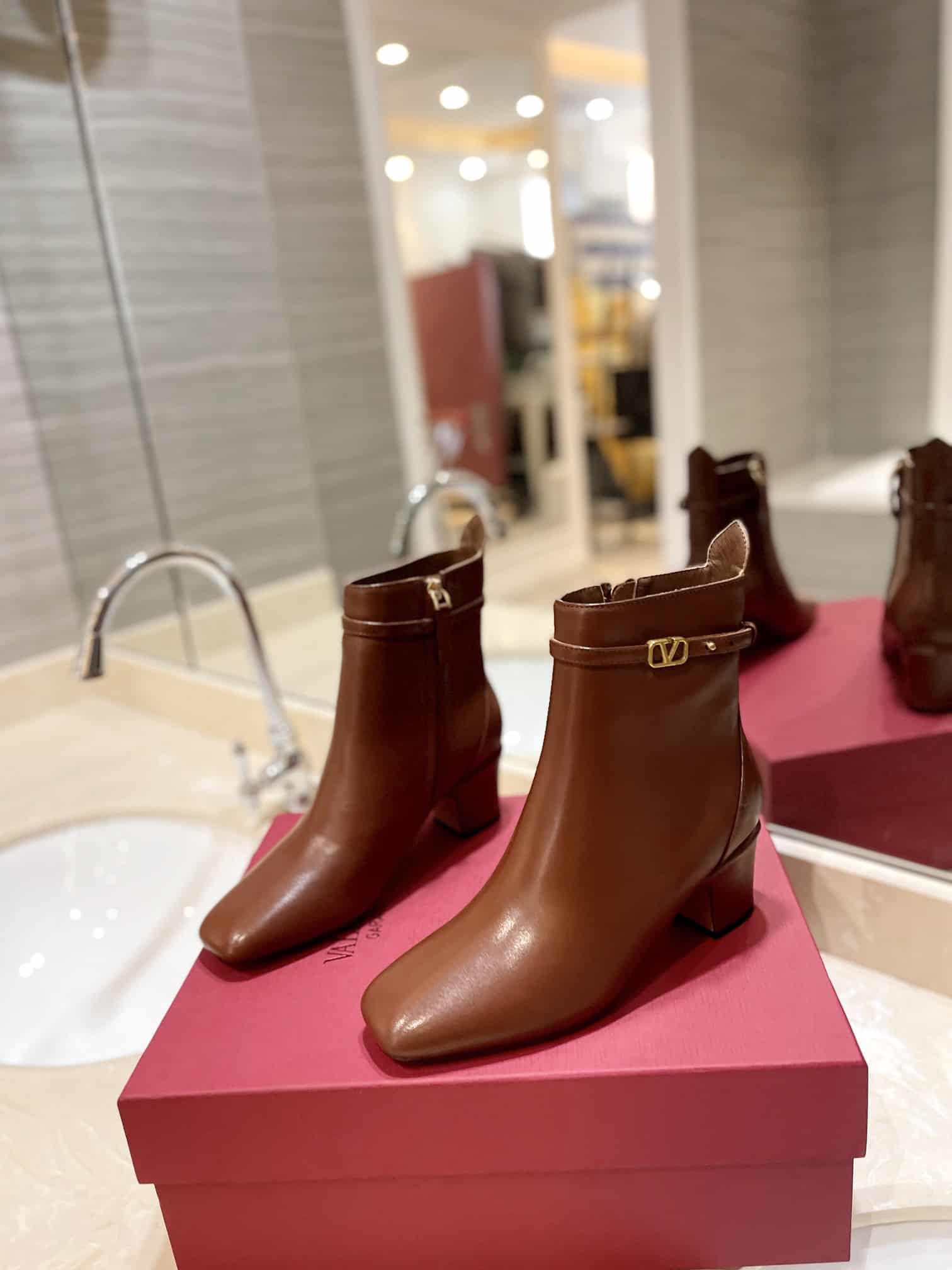 Valentino Garavani Tan Go Ankle Boot In Calfskin Leather Brown