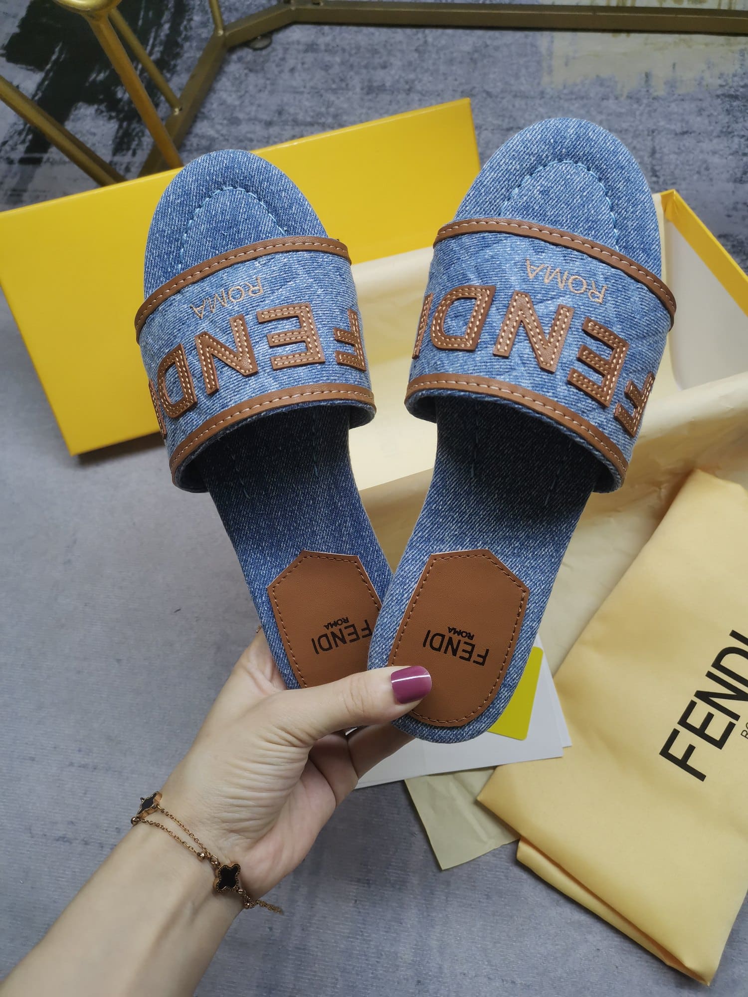 Fendi Signature Light Blue Denim Slides