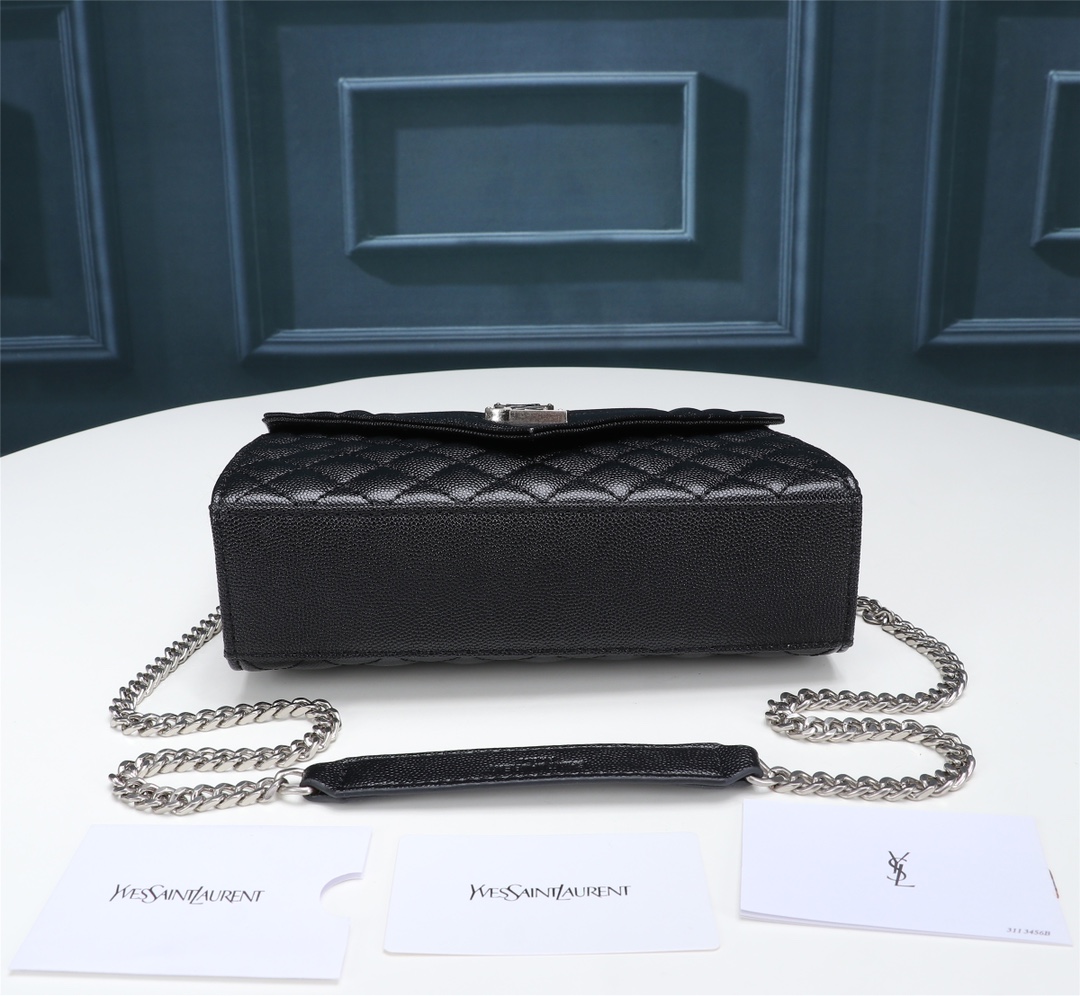 Saint Laurent Envelope Small In Quilted Grain De Poudre Embossed Leather Black Silver 21cm 600195BOW921000