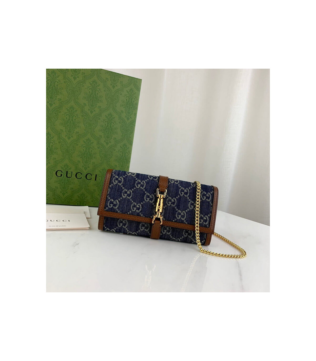 Gucci Jackie 1961 Chain Wallet in Blue Denim 19cm