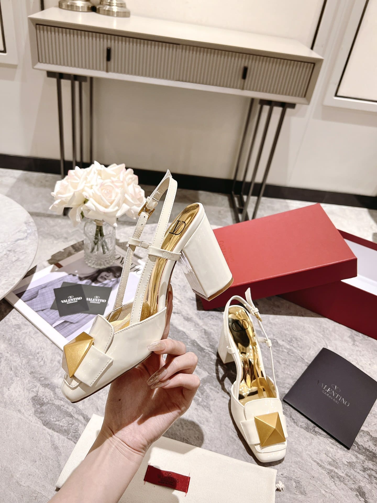 Valentino Garavani One Stud Patent Leather Slingback Pump White
