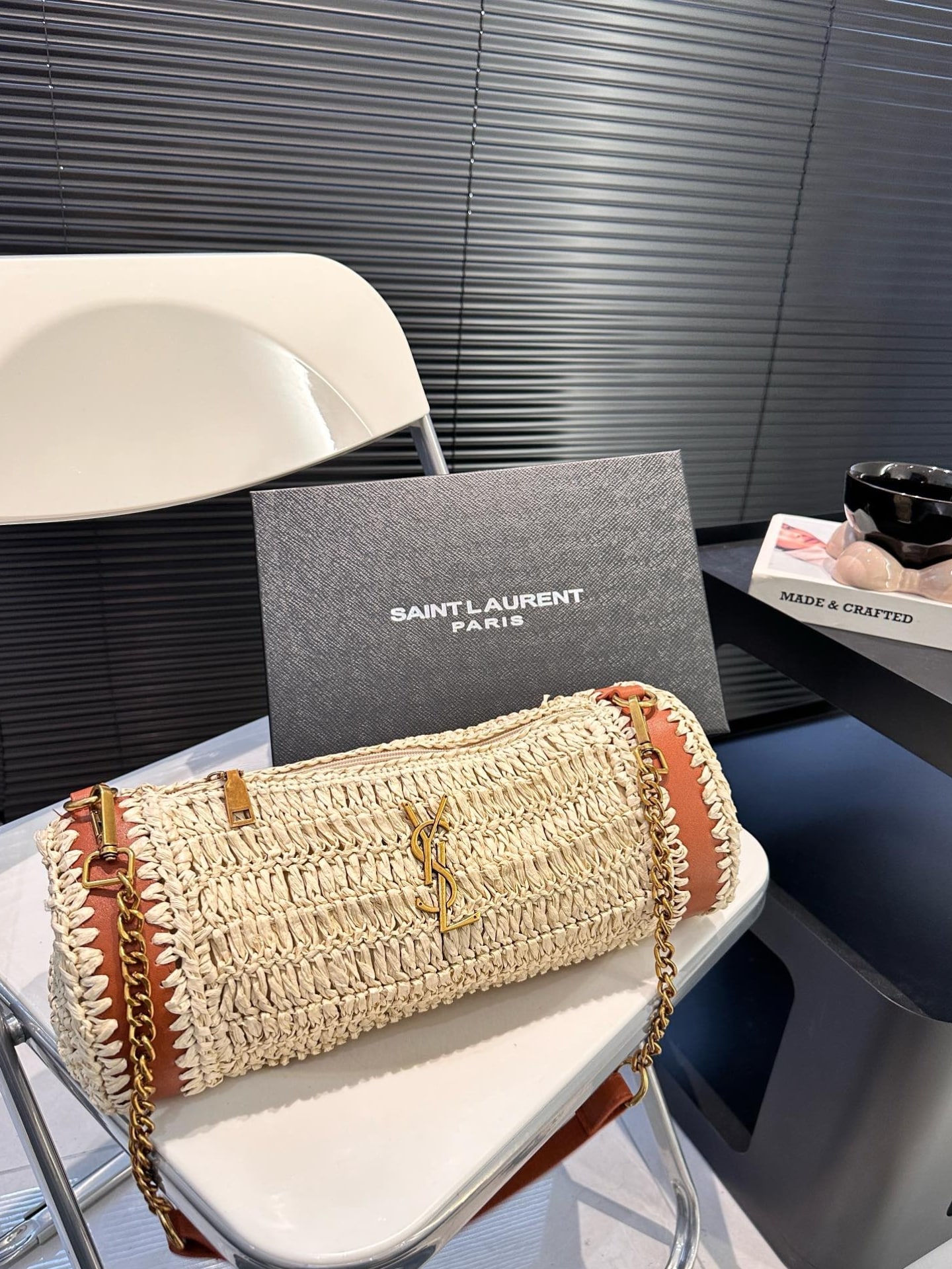 Saint Laurent Sade Raffia Tube Bag In Natural 33Cm