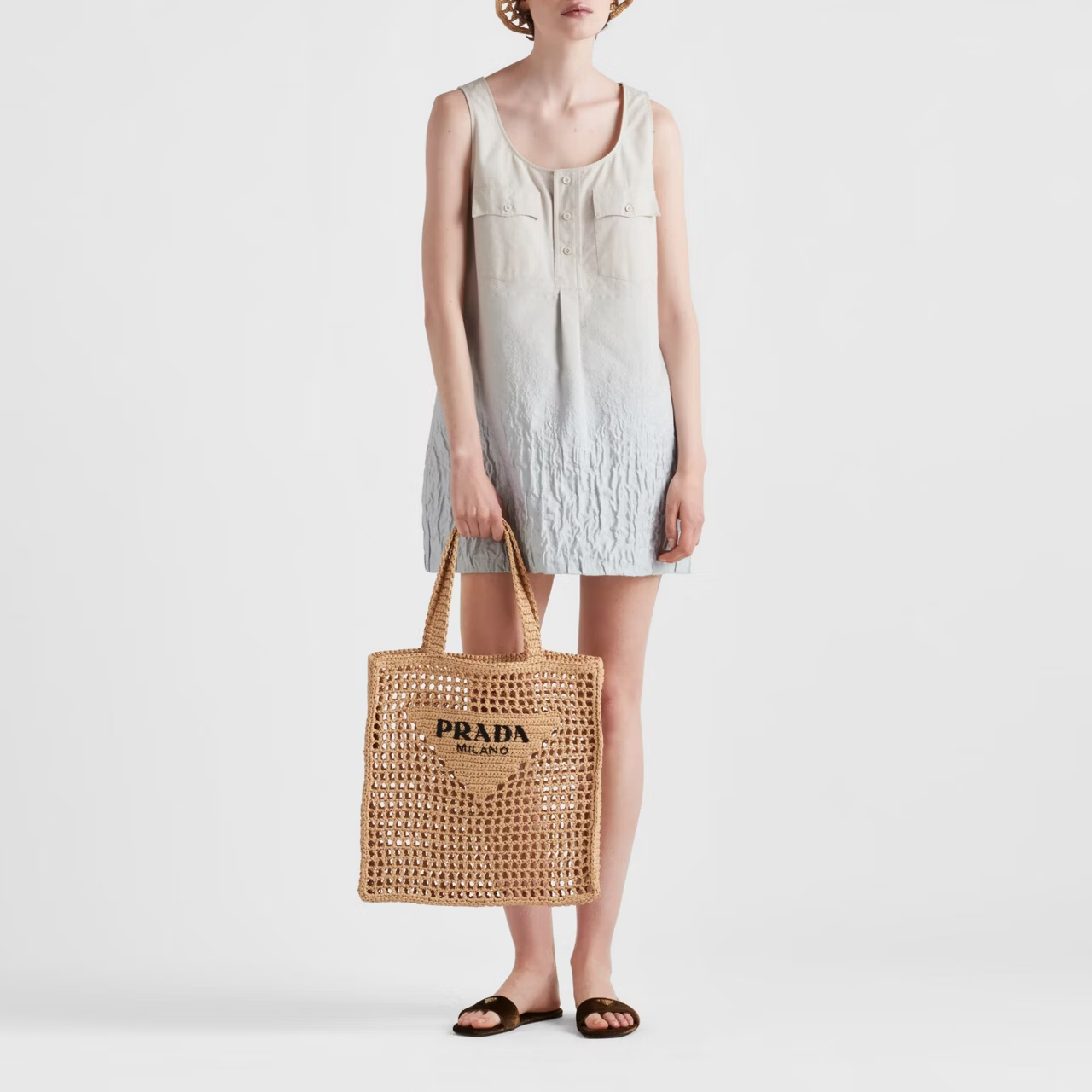 Prada Natural Crochet Logo Tote Bag Beach Bag 38 cm