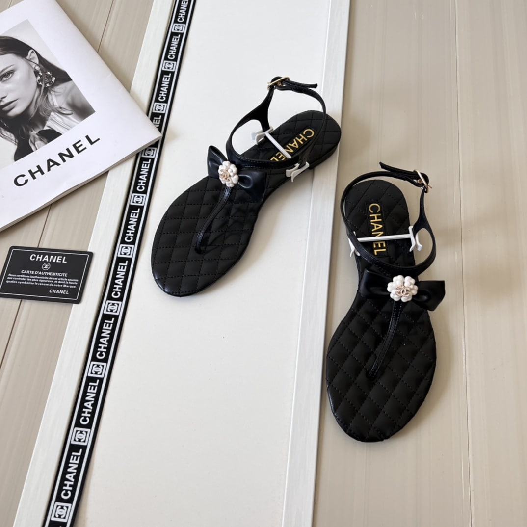 Chanel Black Quilted Leather With White Camellia Cc Logo Sandals G45258 X01000 94305