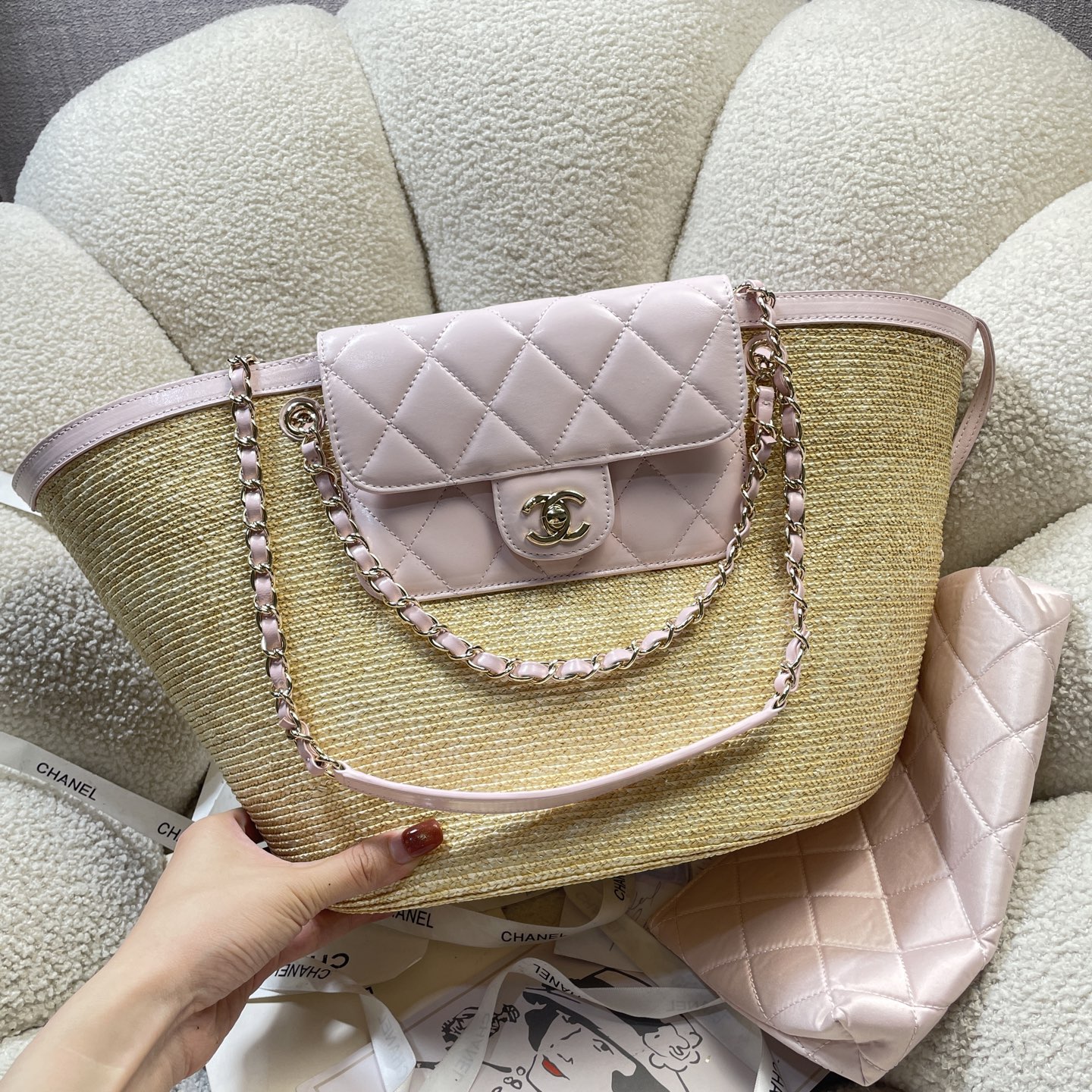 Straw & Lambskin Tote Bag with Pouch in Sakura Pink with Gold-Tone Hardware, 25C Cruise Collection