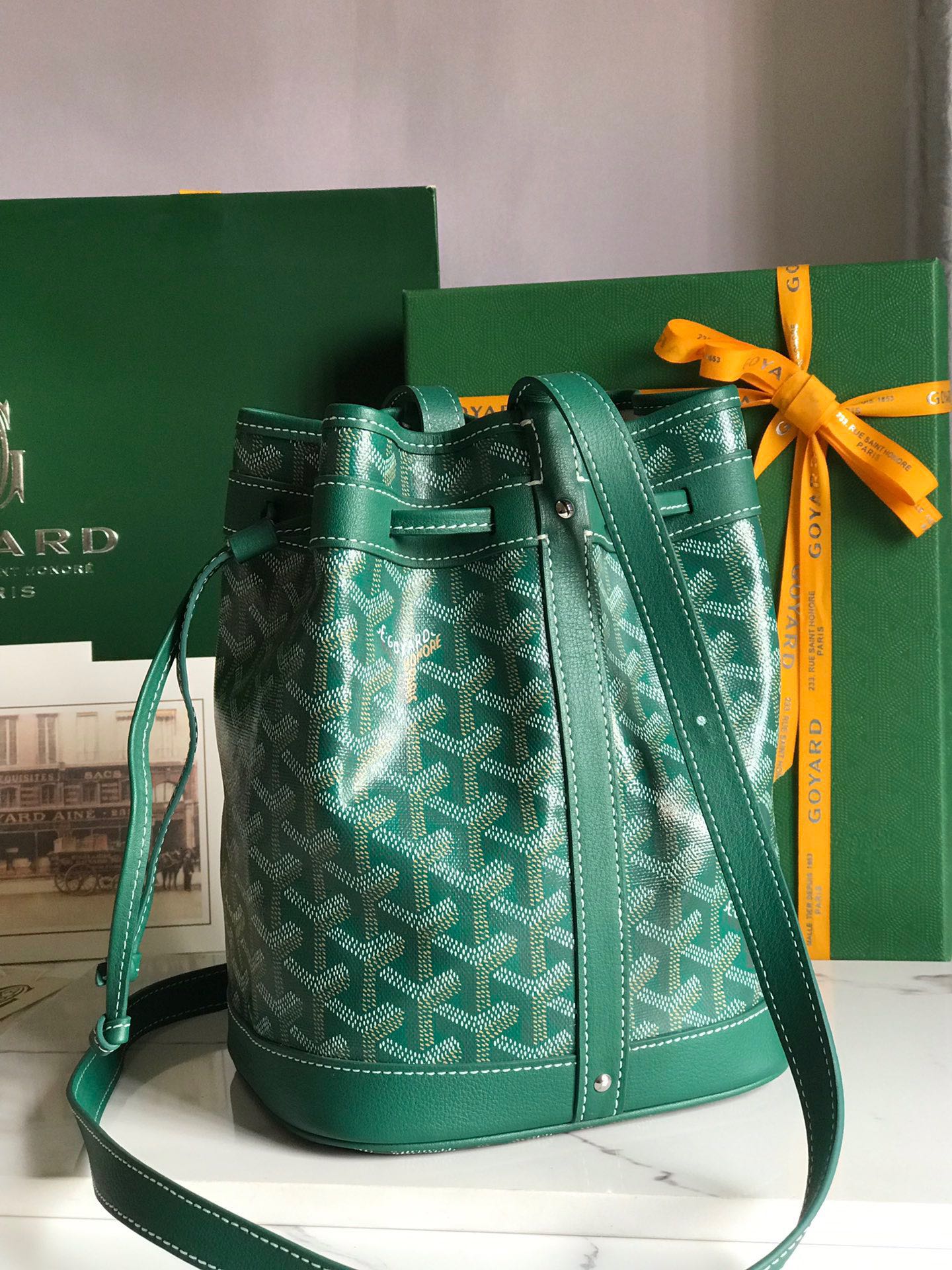 Goyard Petit Flot Bucket Bag 22 Cm Green Goyardine Canvas And Lambskin Trim
