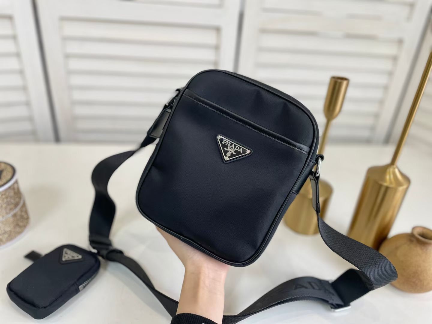 Prada Re Nylon Saffiano Logo Leather Bag Black 21Cm