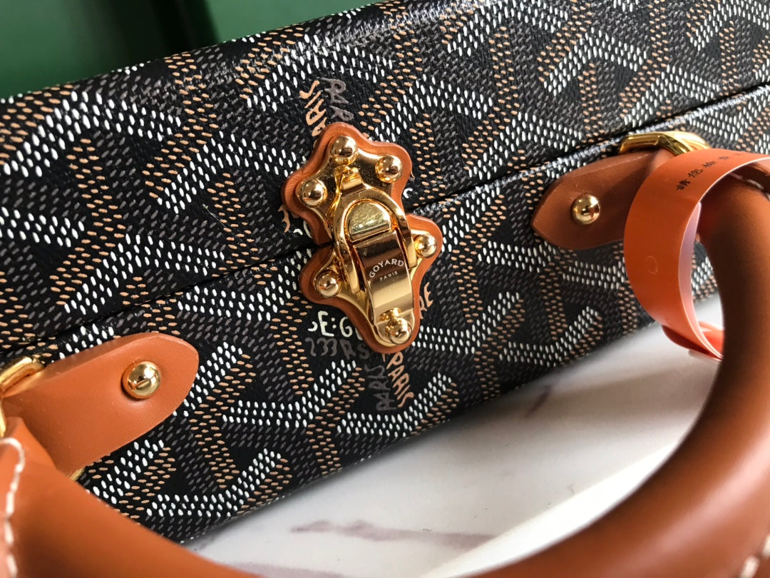 Goyard Grand Hôtel Trunk Bag 24.5cm Cm Black Goyardine Canvas And Tan Calfskin