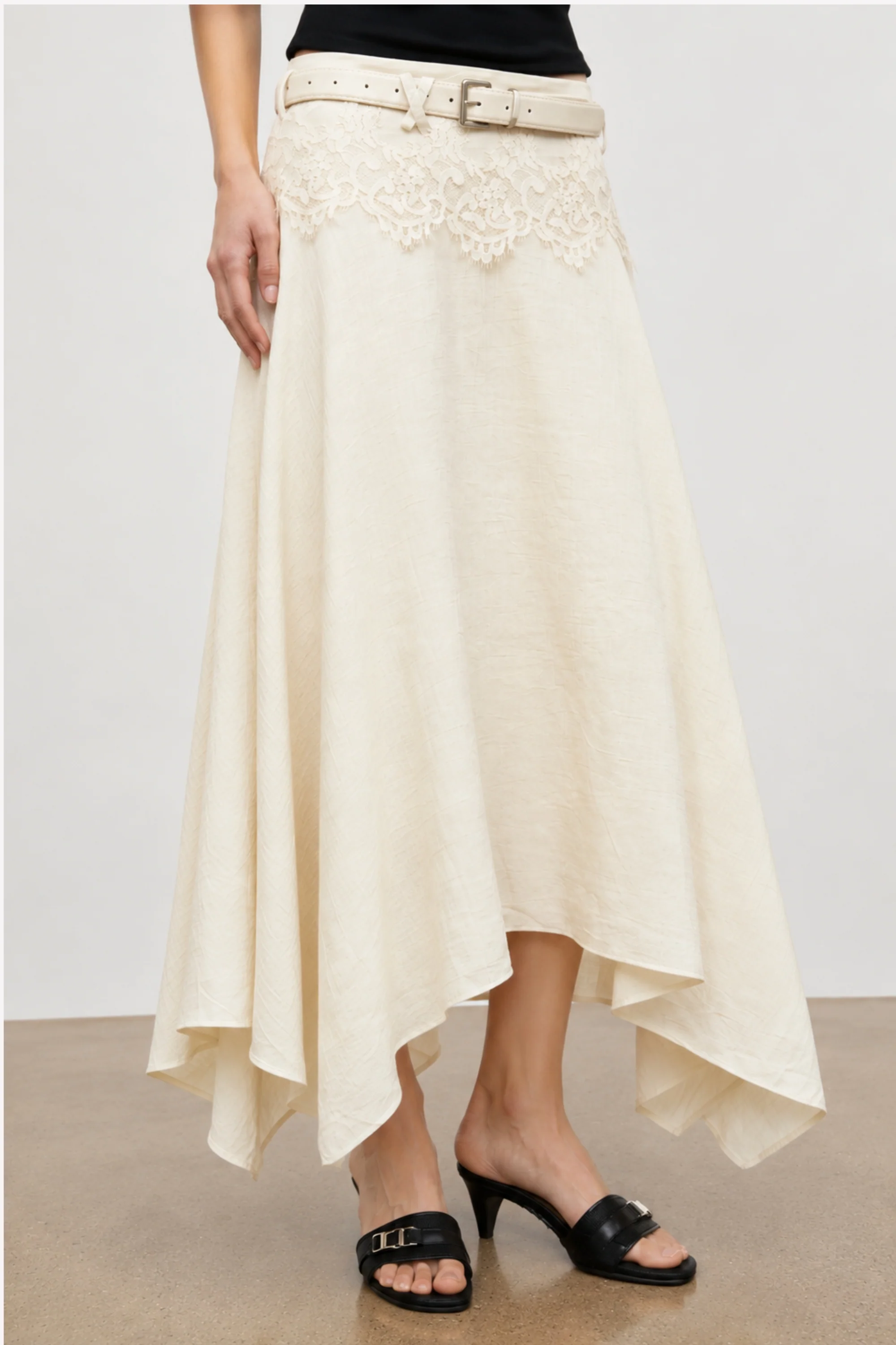 Ivory Lace Asymmetric Belted Skirt