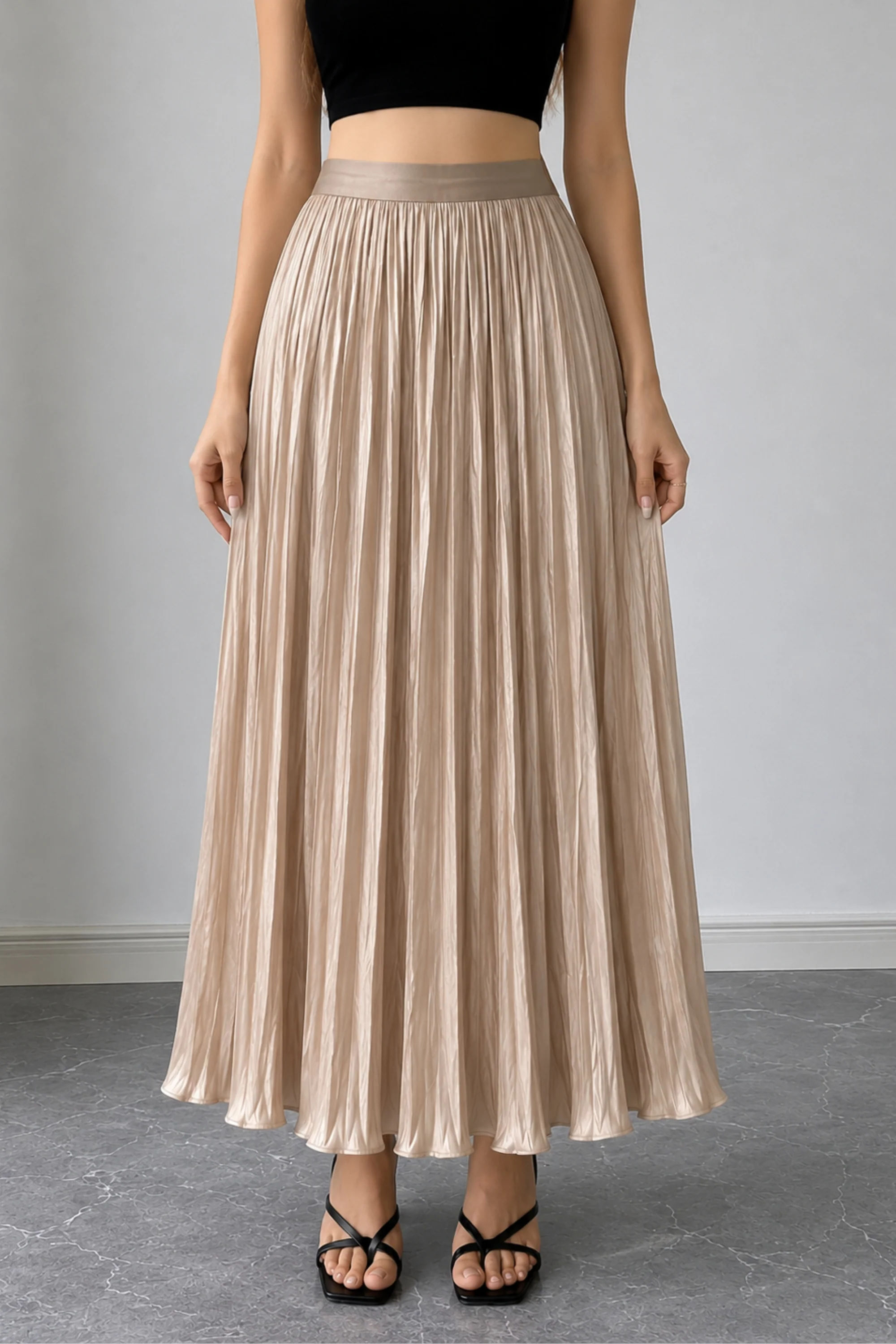 Champagne Satin Pleated Skirt